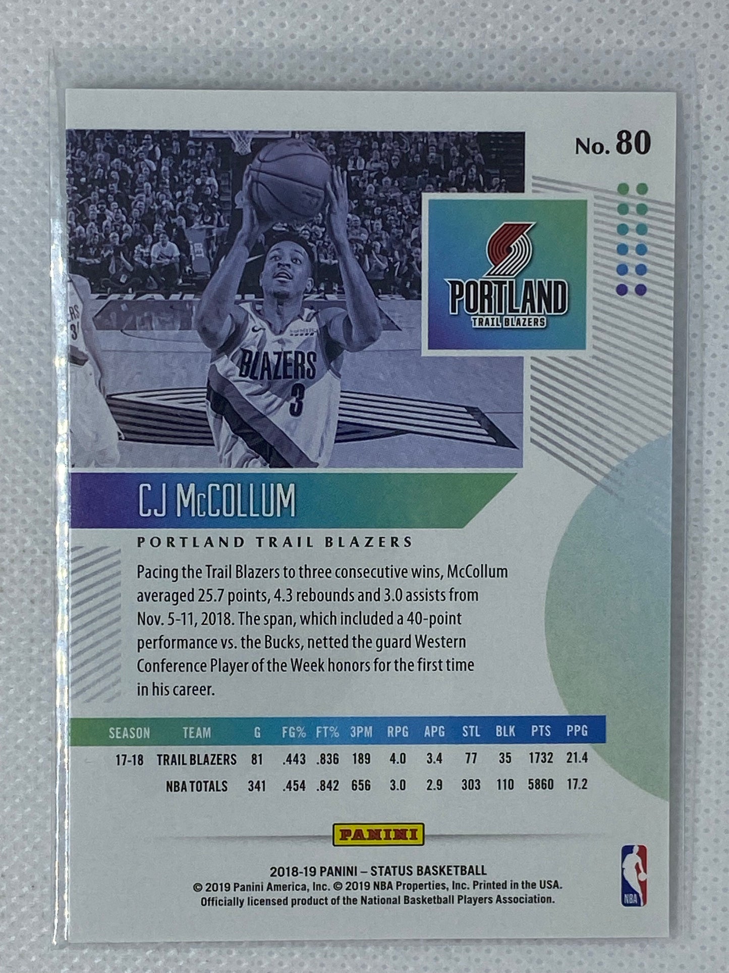 2018-19 Panini Status Basketball #80 CJ McCollum Portland Trail Blazers