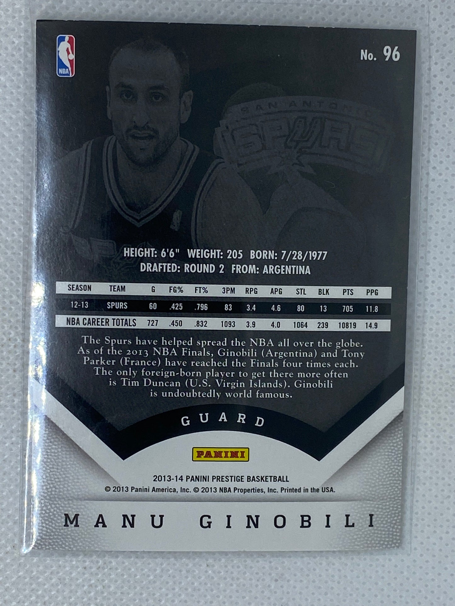 2013-14  Panini Prestige #96 Manu Ginobili San Antonio Spurs HOF