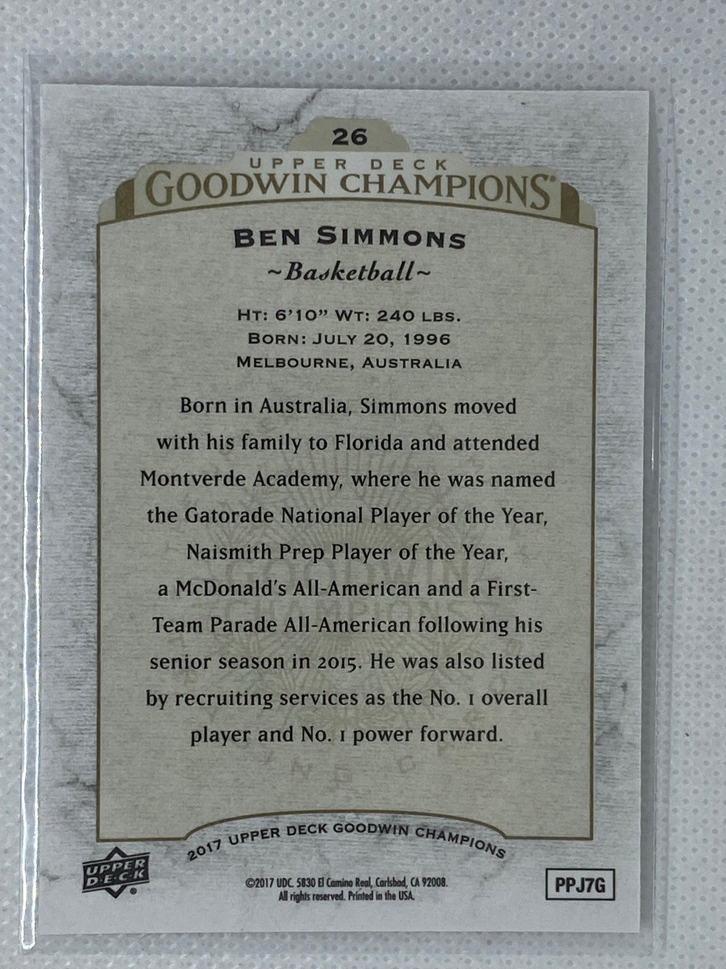 2017 UD Goodwin Champions Basketball Ben Simmons Rookie #26 BROOKLYN NETS RC