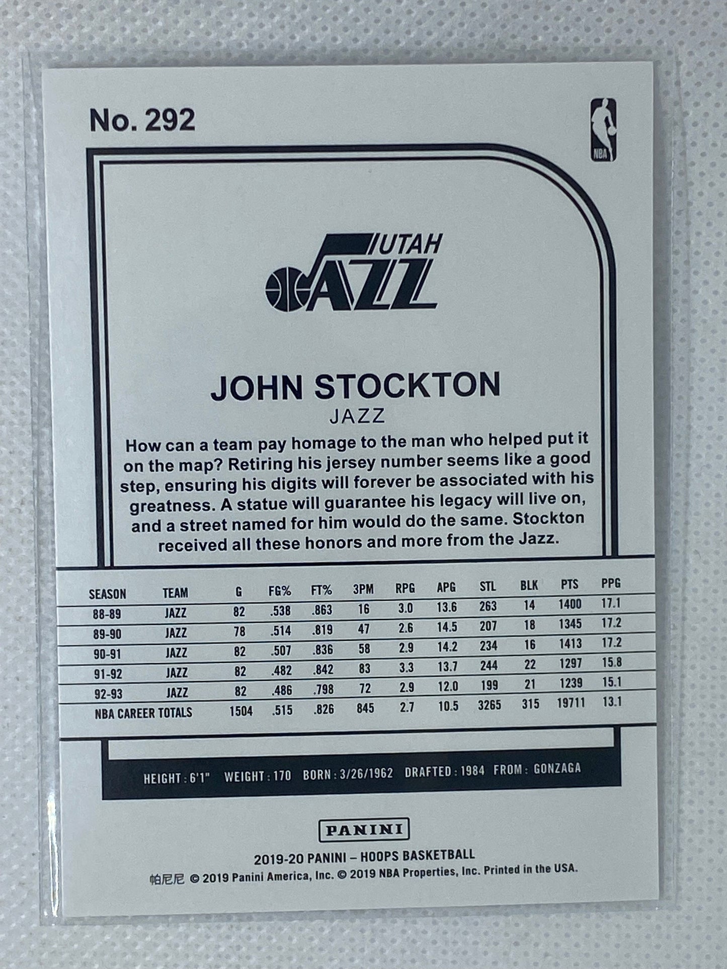 2019-20 Panini NBA Hoops Basketball Tribute Card John Stockton #292 Utah Jazz