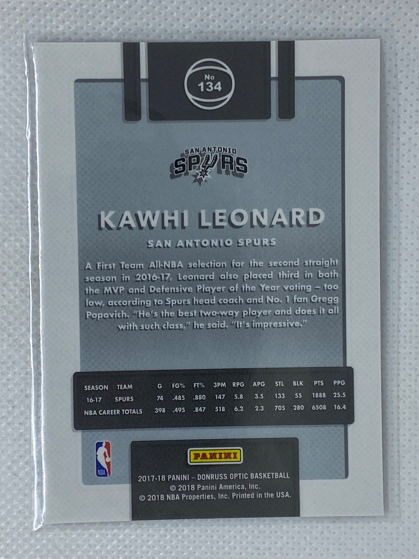 2016-17 Donruss Optic Kawhi Leonard Base Card #116 1st Year Optic