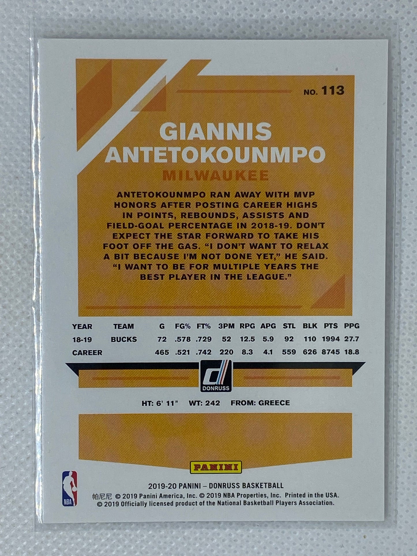 2019-20 Panini Donruss Basketball Giannis Antetokounmpo Milwaukee Bucks #113