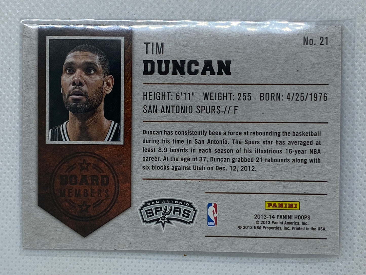 2013-14 Hoops Board Members #21 Tim Duncan Spurs