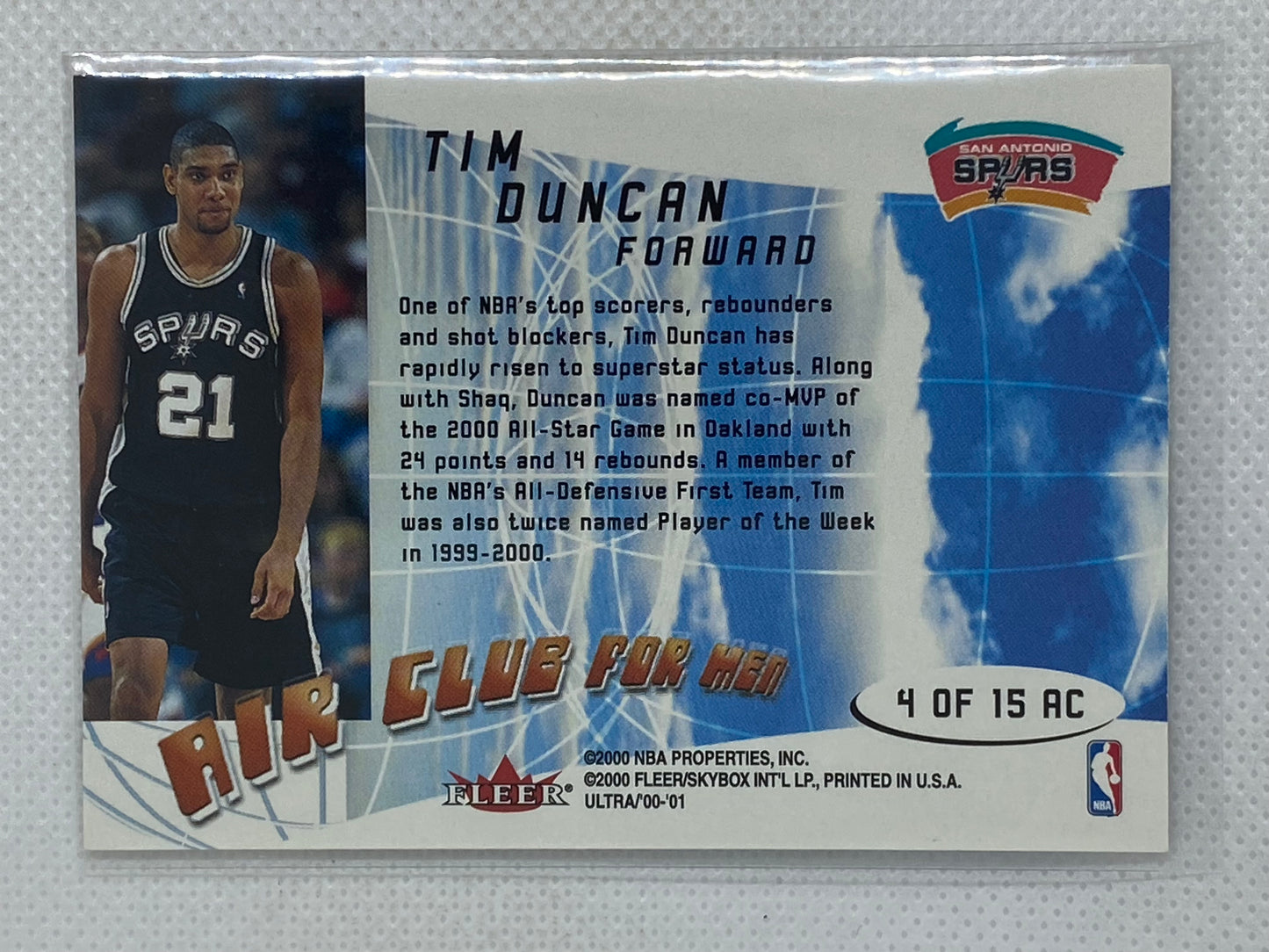 2000-01 Fleer Ultra Air Club For Men #4AC Tim Duncan San Antonio Spurs