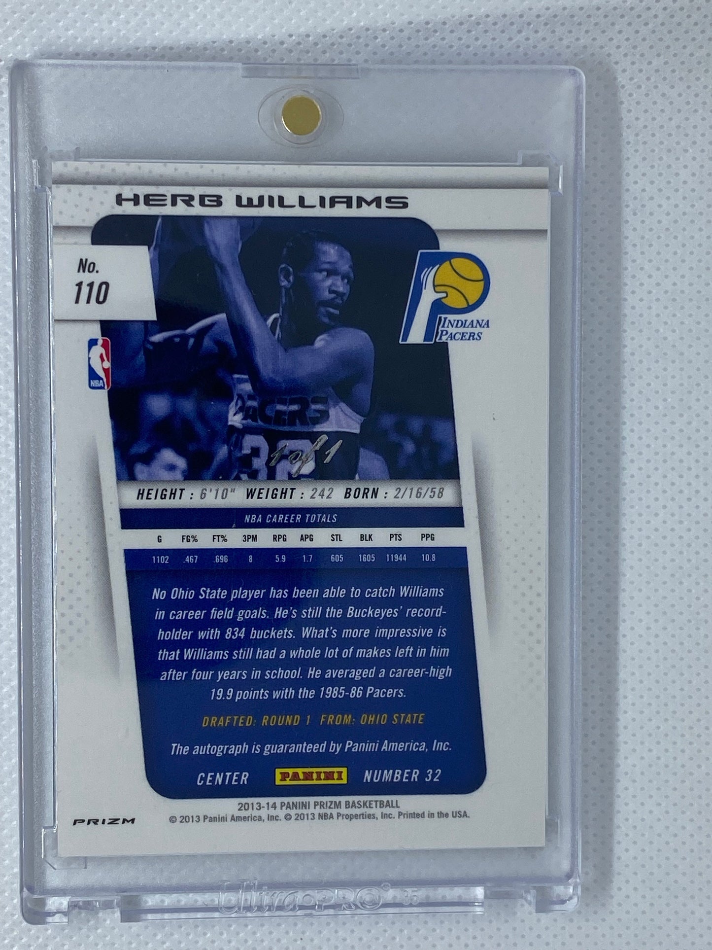 2013-14 Prizm Herb Williams #110 Autograph Black 1/1 Indiana Pacers