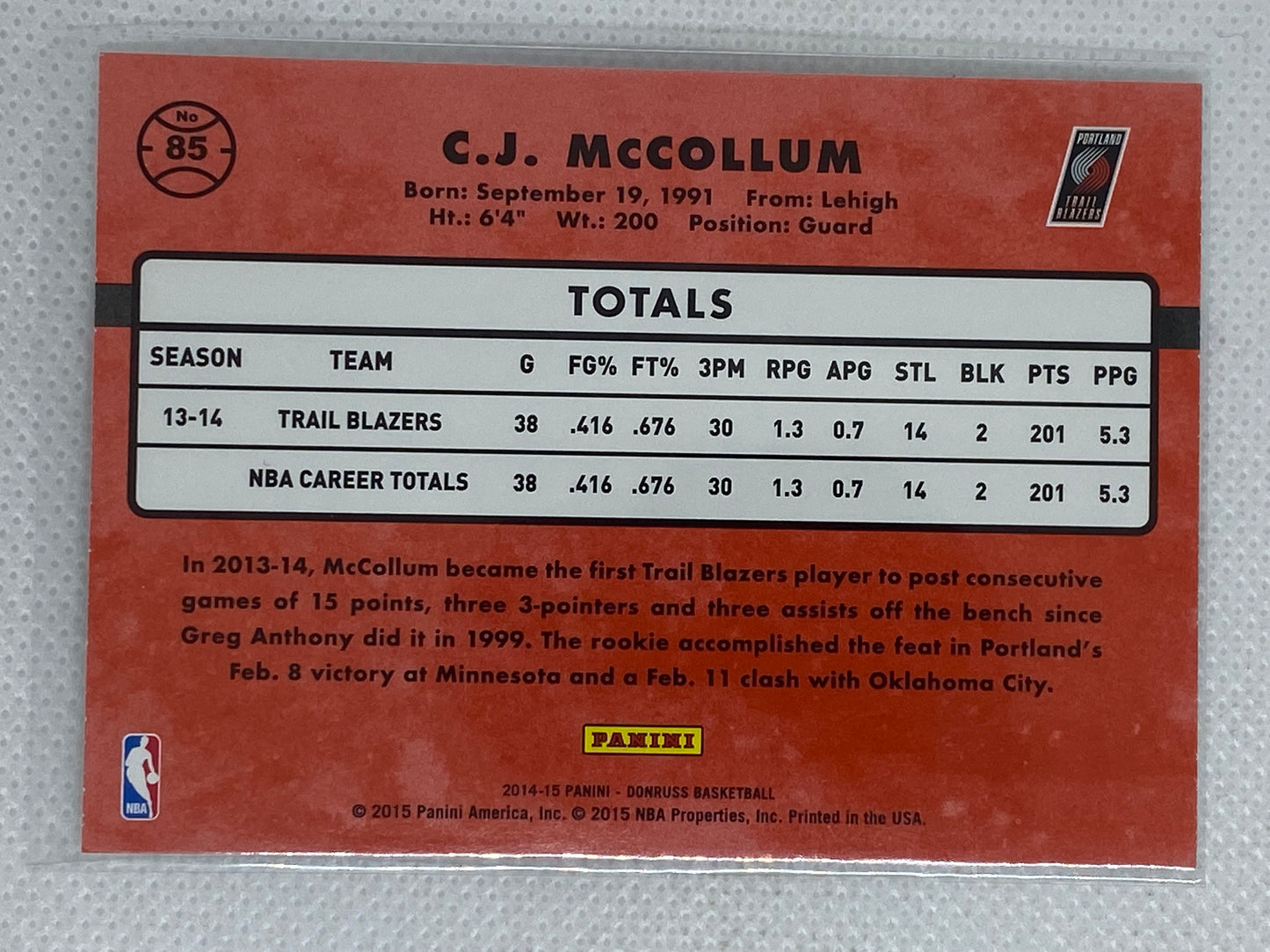 2014-15 Panini Donruss Base #85 CJ C.J. McCollum Portland Trail Blazers