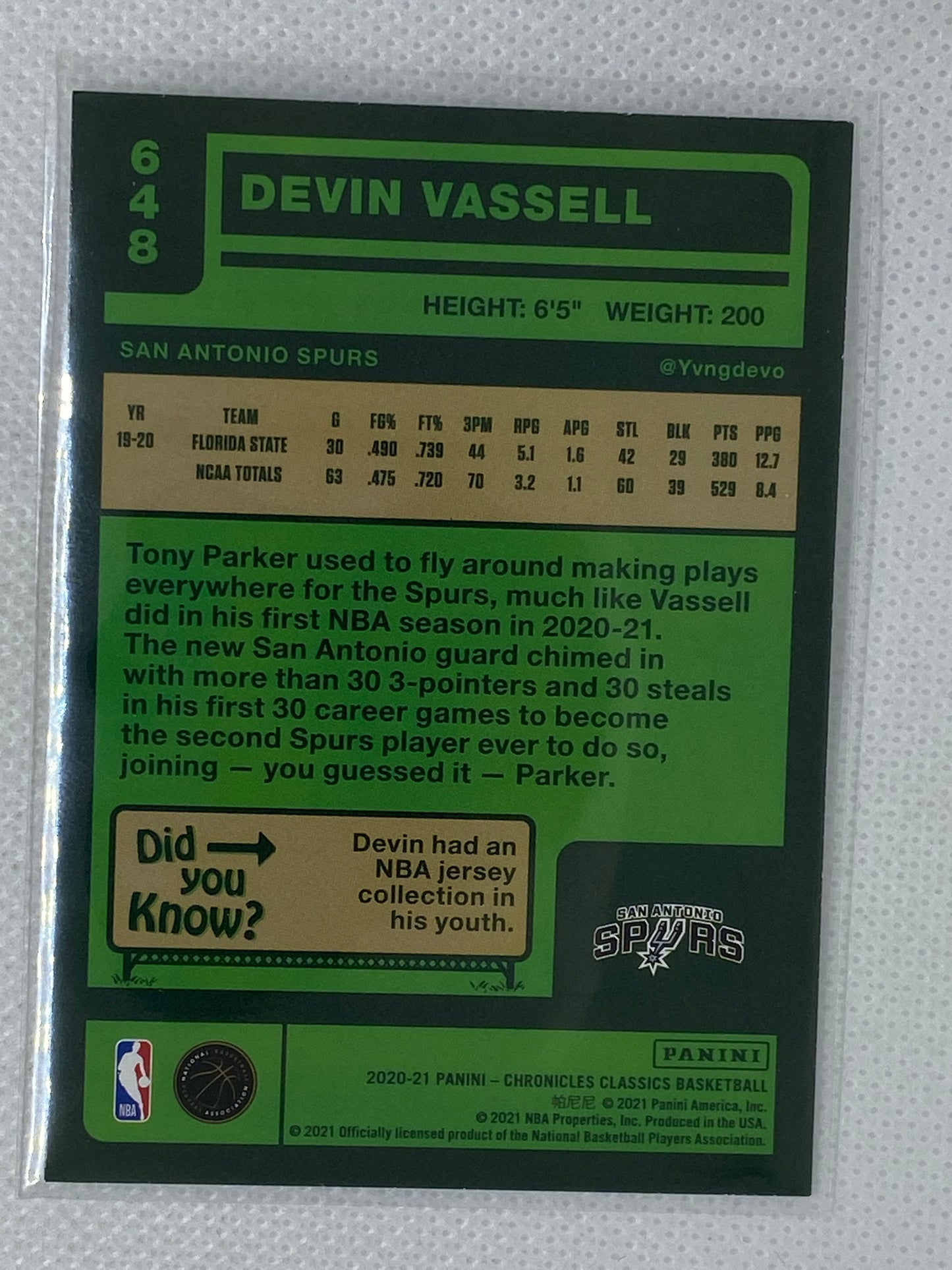 2020-21 Chronicles Classics Devin Vassell Rookie Card RC #648 San Antonio Spurs