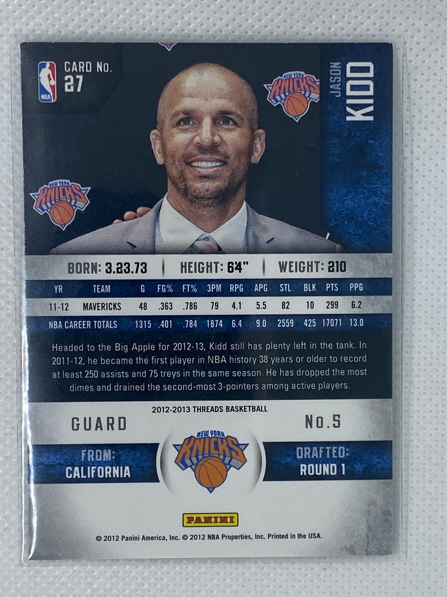 2012-13 Panini Threads New York Knicks Basketball Card #27 Jason Kidd