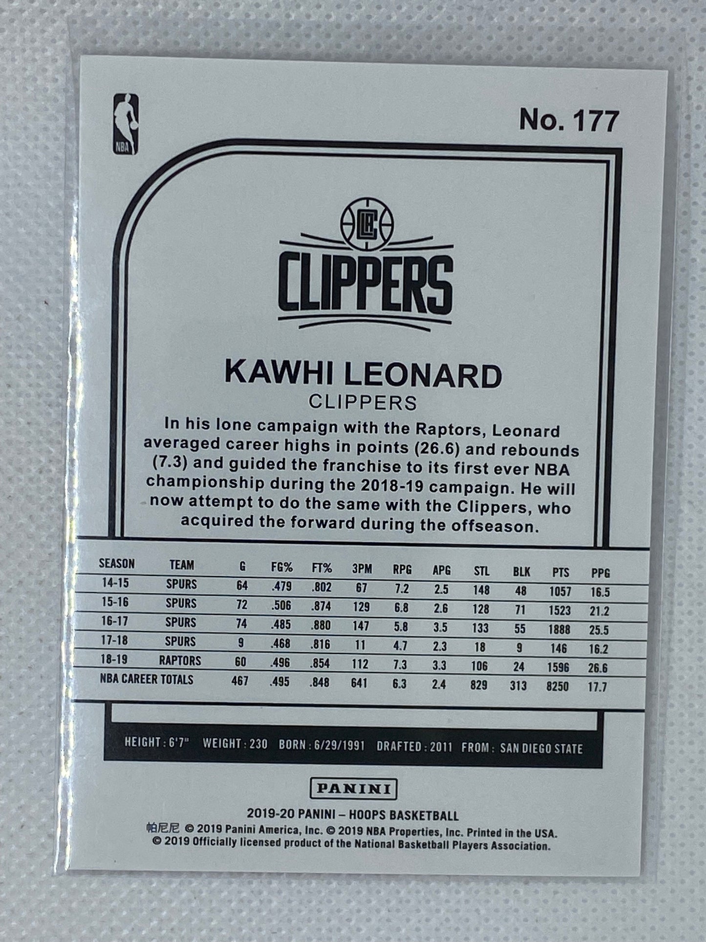 2019-20 Panini NBA Hoops Winter Base #177 Kawhi Leonard - Los Angeles Clippers