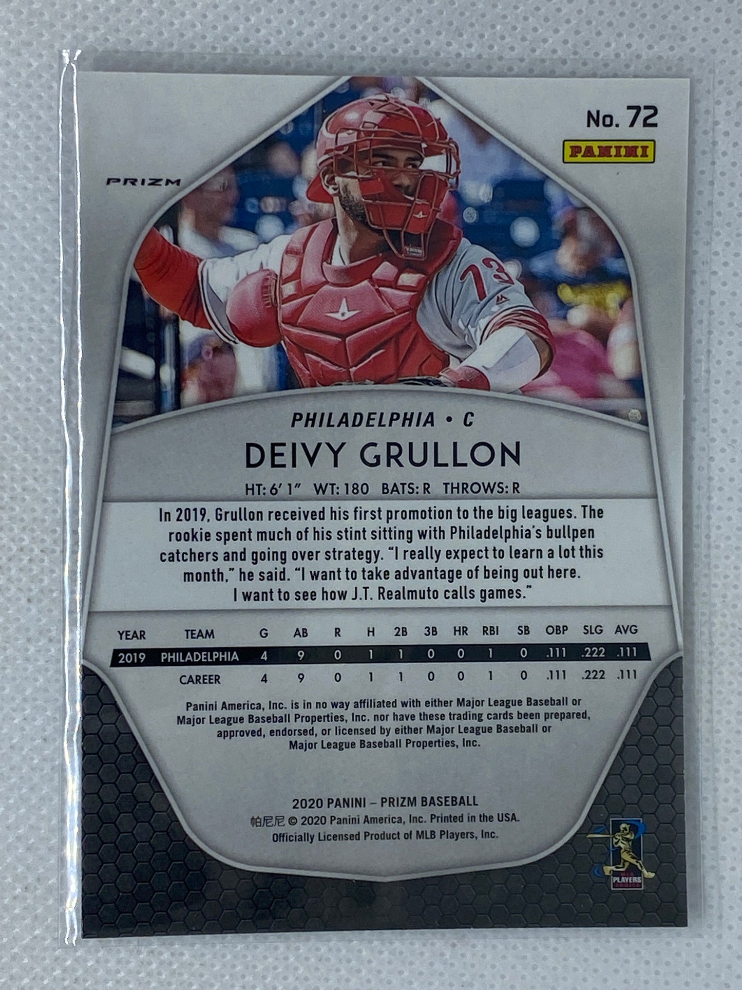 2020 Prizm Deivy Grullon #72 Philadelphia Phillies Silver Refractor RC Rookie