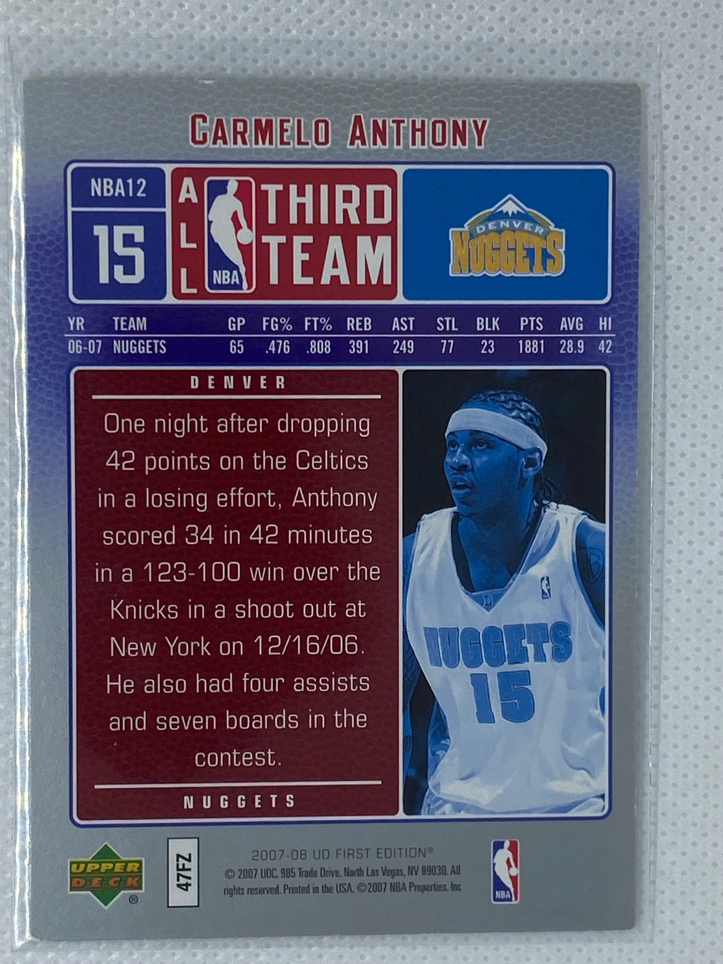 2007-08 UD First Edition CARMELO ANTHONY All Third Team #15