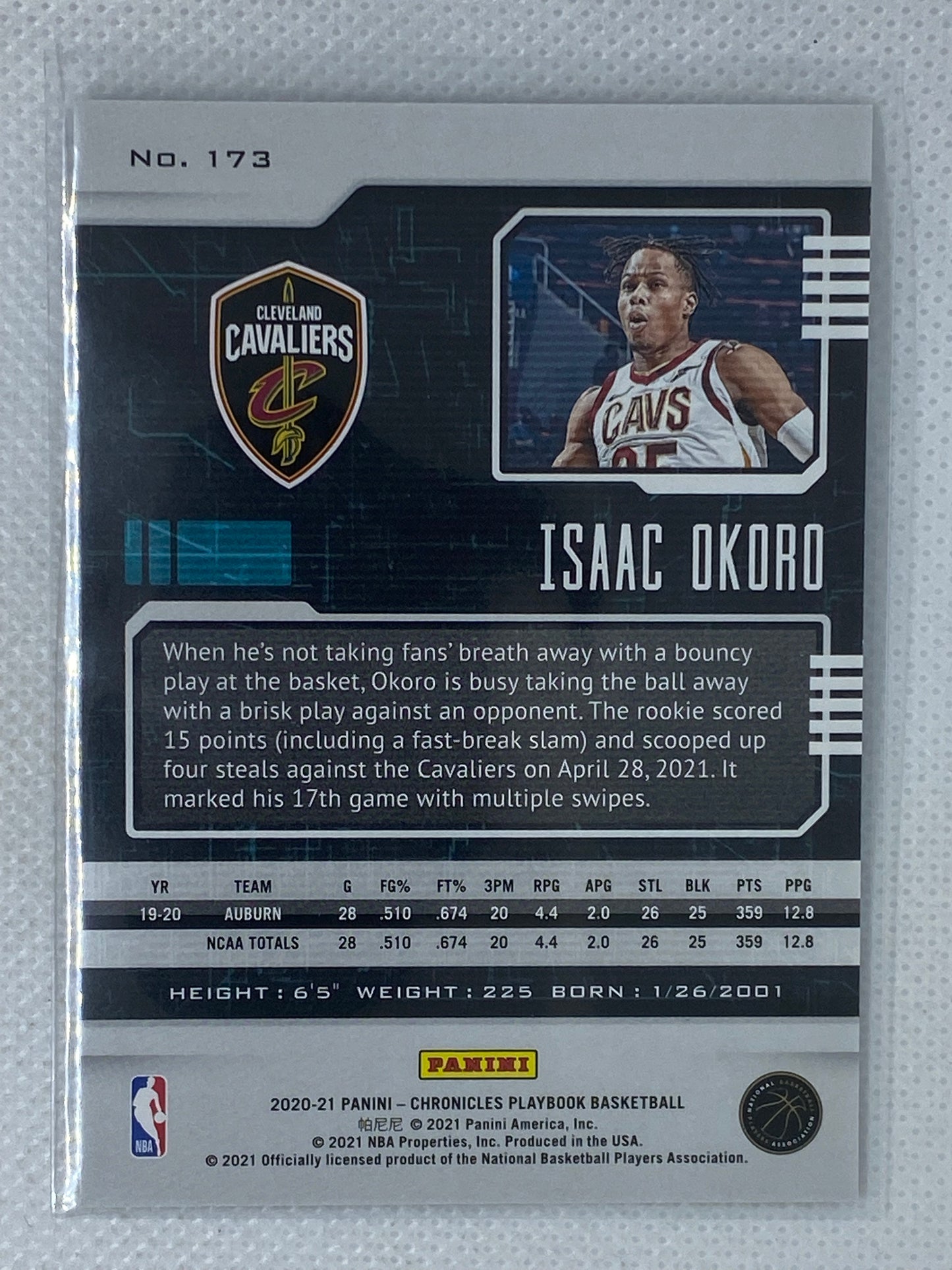 2020-21 Panini Chronicles Playbook Isaac Okoro Rookie #173 Cleveland Cavaliers