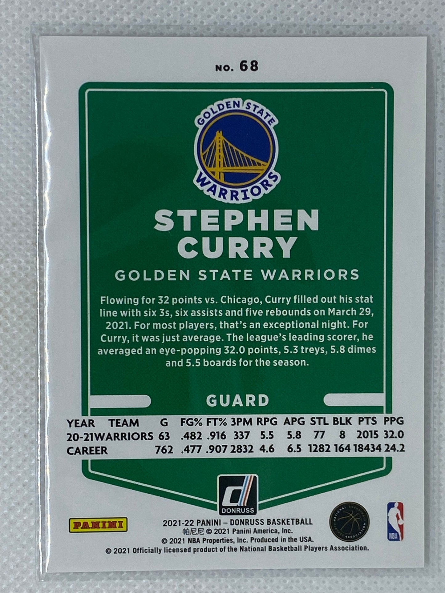 2021-22 Panini Donruss Base Stephen Curry #68 Golden State Warriors