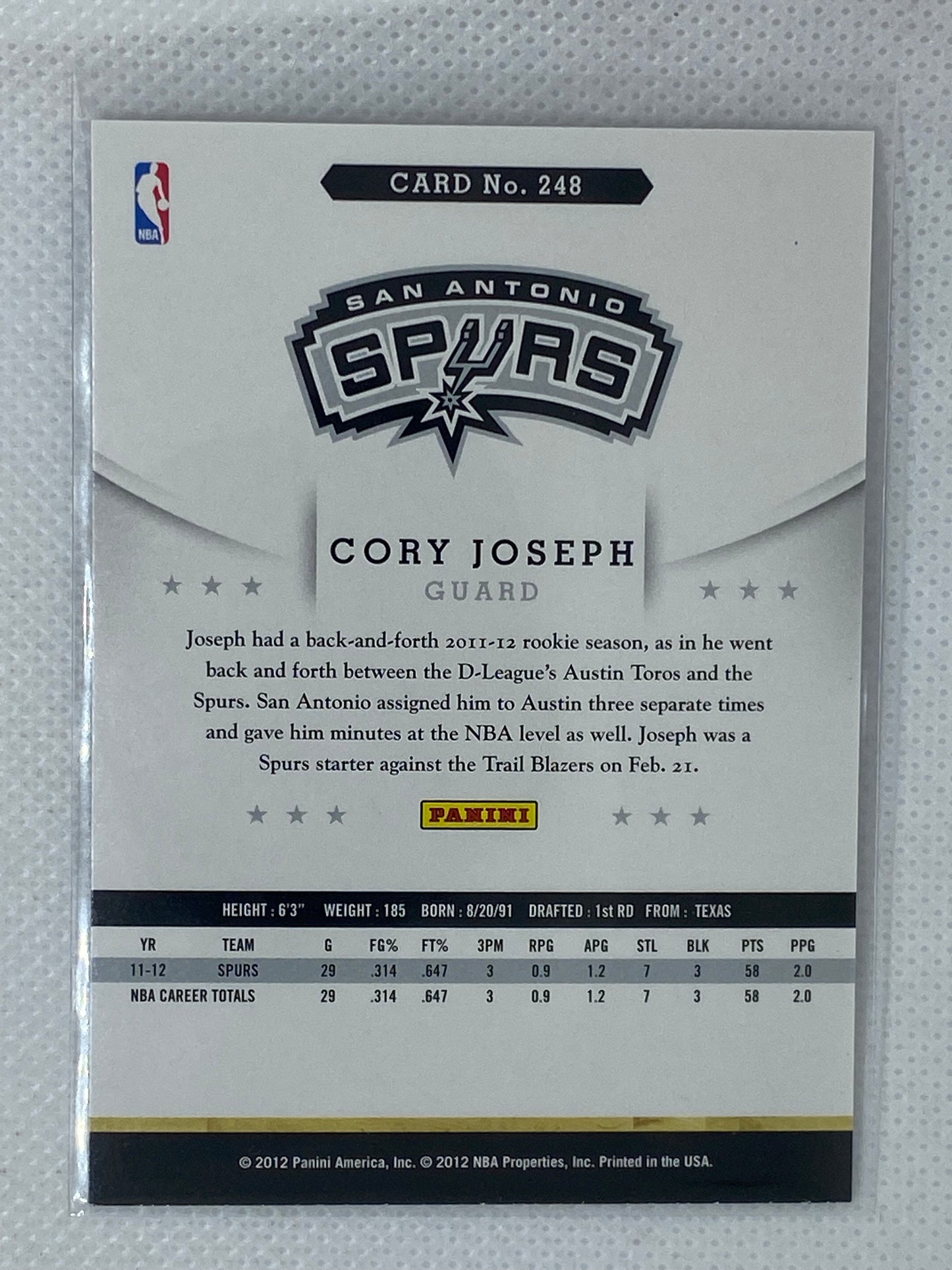 2012-13 NBA Hoops Basketball #248 Cory Joseph RC