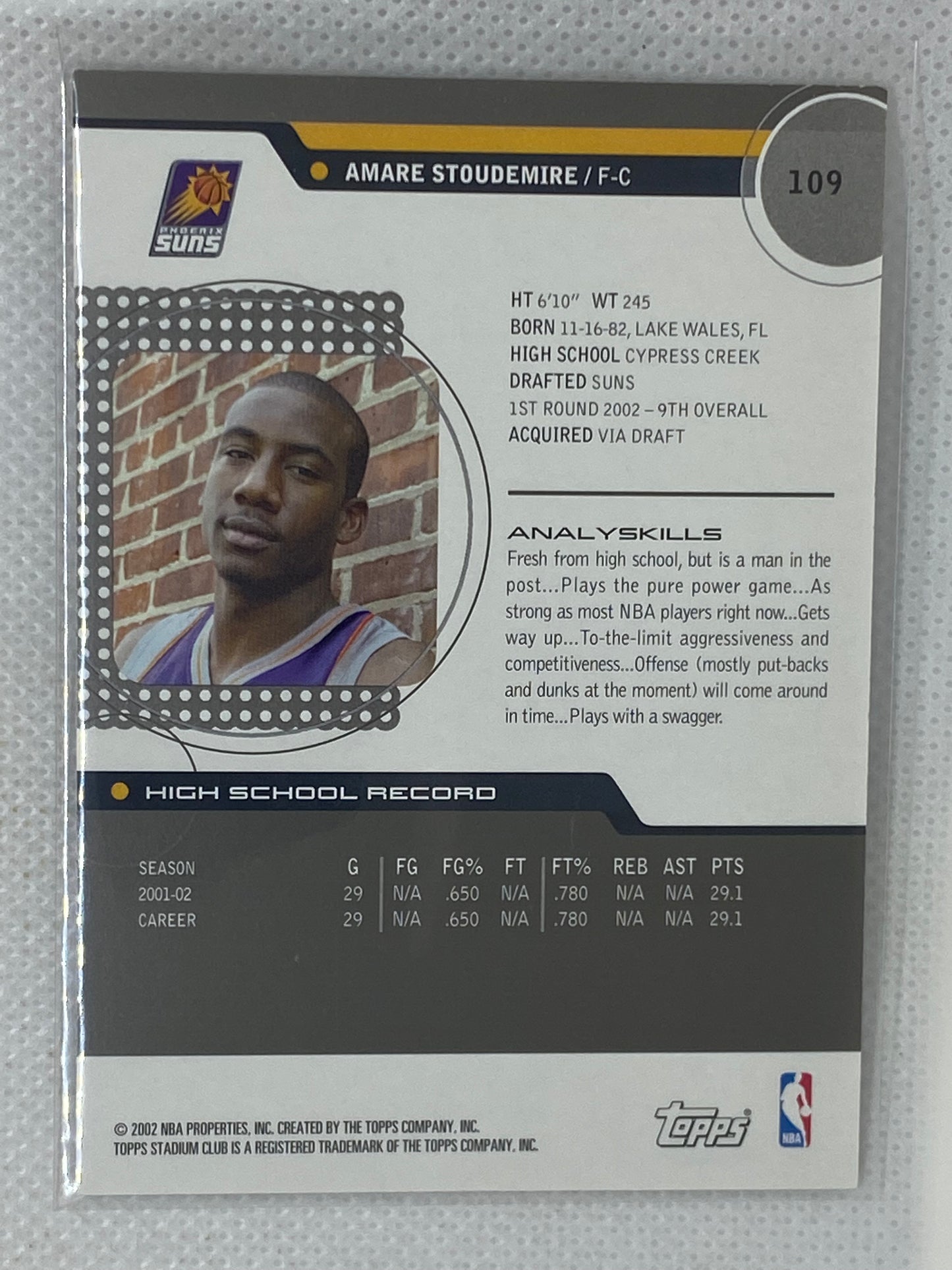 2002-03 Topps Stadium Club Amare Stoudemire Amar'e Stoudemire #109 Rookie RC