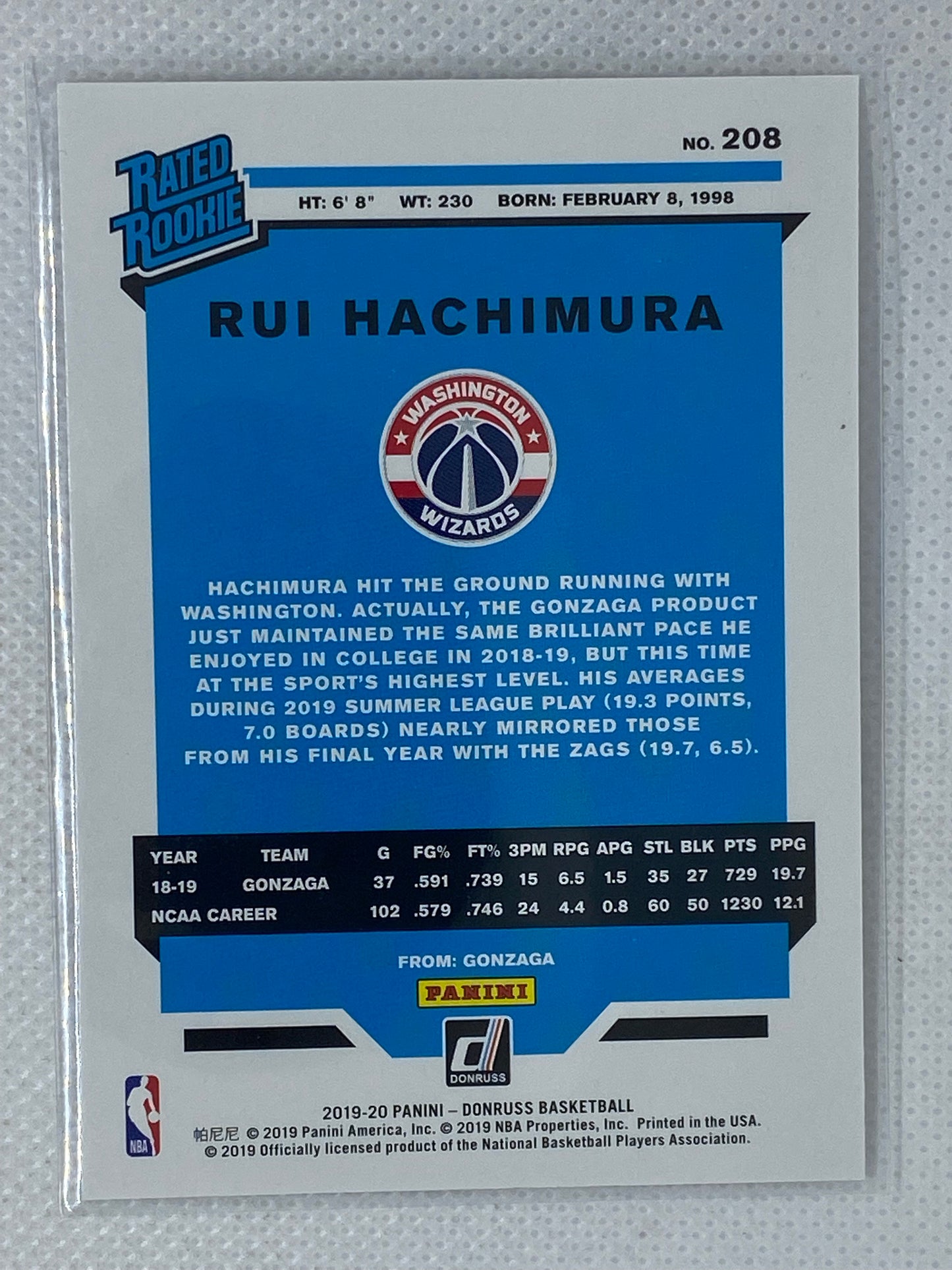 2019-20 Panini Donruss Rated Rookie Rui Hachimura RC #208, Washington Wizards