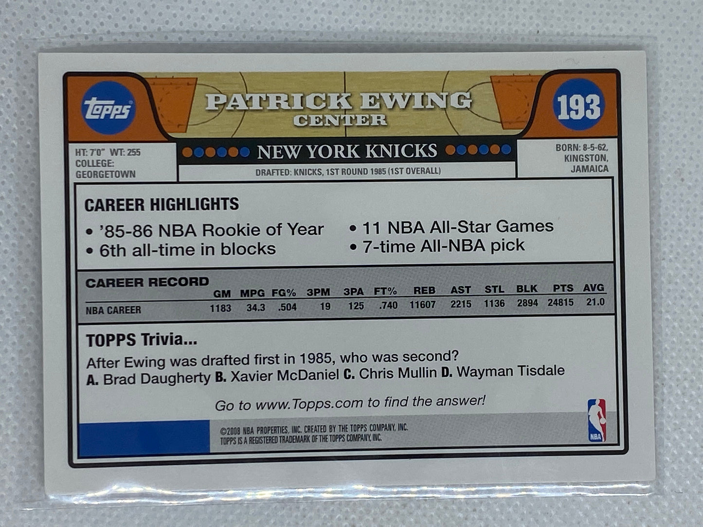 2008-09 Topps Basketball Card Patrick Ewing #193 New York Knicks