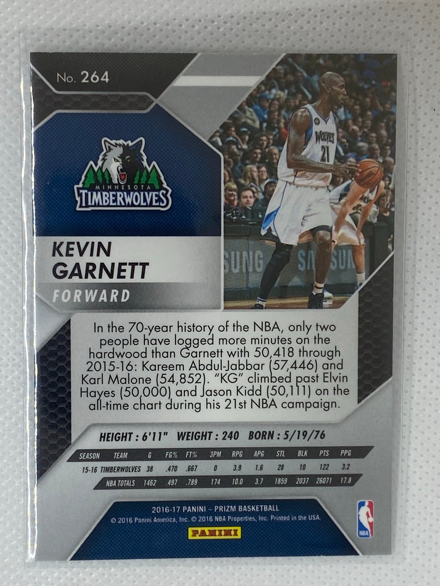 2016-17 Panini Prizm Basketball #264 Kevin Garnett Minnesota Timberwolves