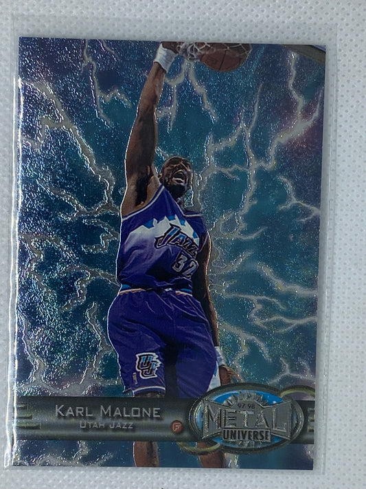 1997-98 Metal Universe Basketball Karl Malone Embossed Foil Refractor Card #97