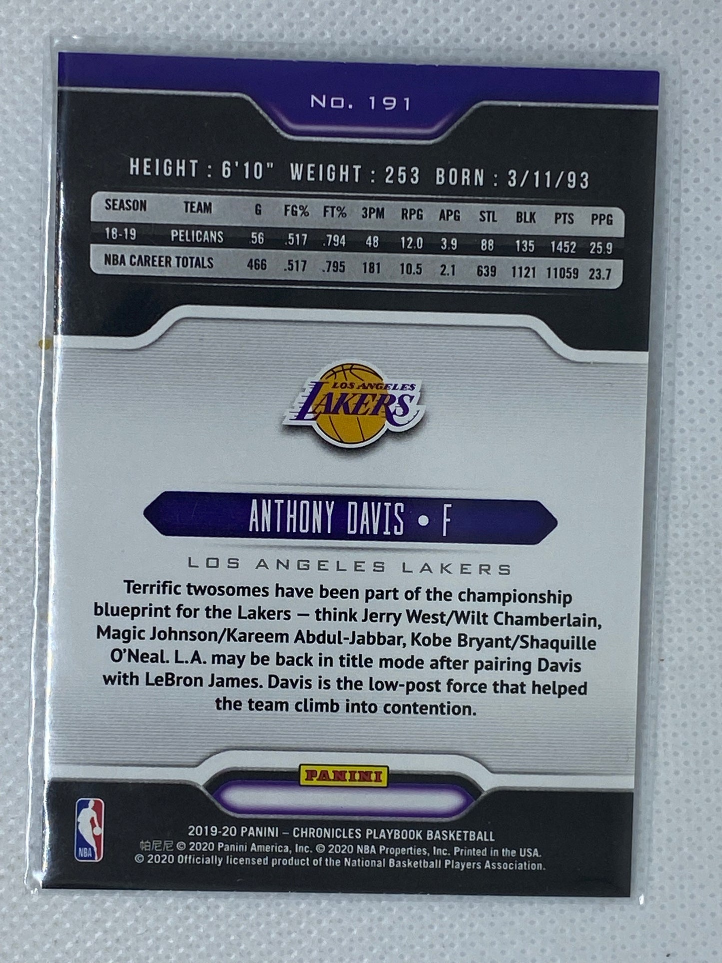 2019-20 Panini Chronicles Playbook #191 Anthony Davis Lakers