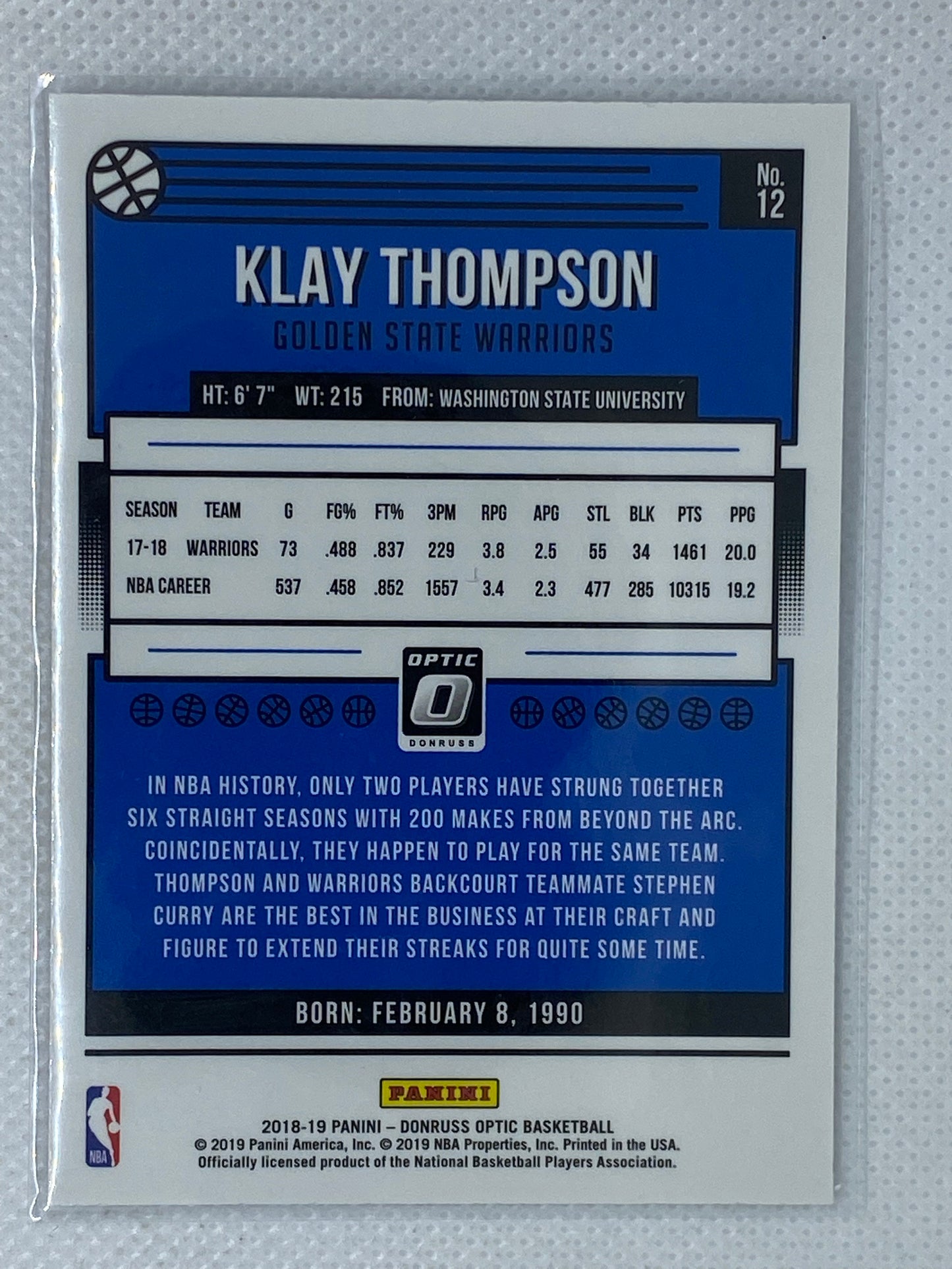 2018-19 Donruss Optic Klay Thompson #12 Golden State Warriors