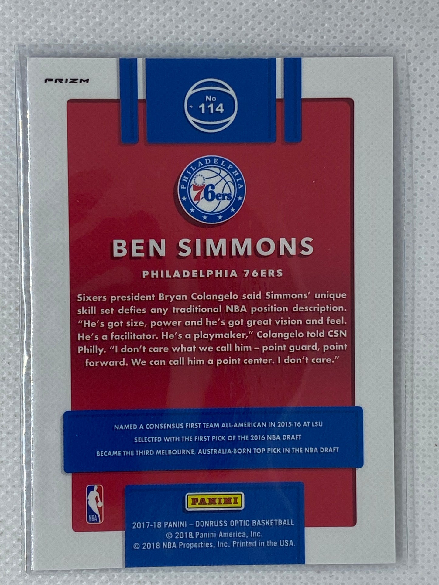 2017-18 Panini Donruss Optic Blue Velocity Prizm Ben Simmons #114