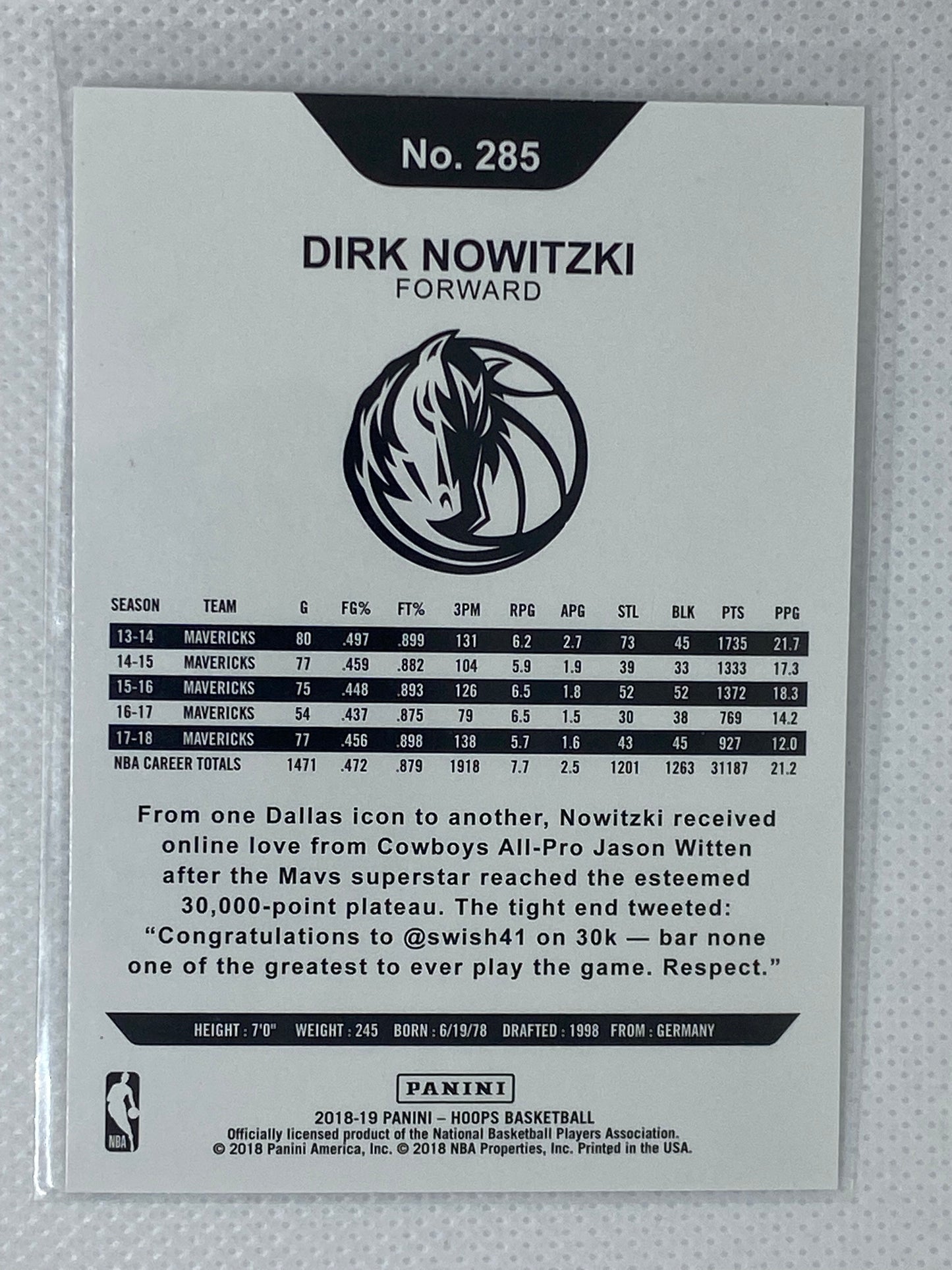 Dirk Nowitzki 2018-19 Panini Hoops Winter #285 Mavericks Tribute