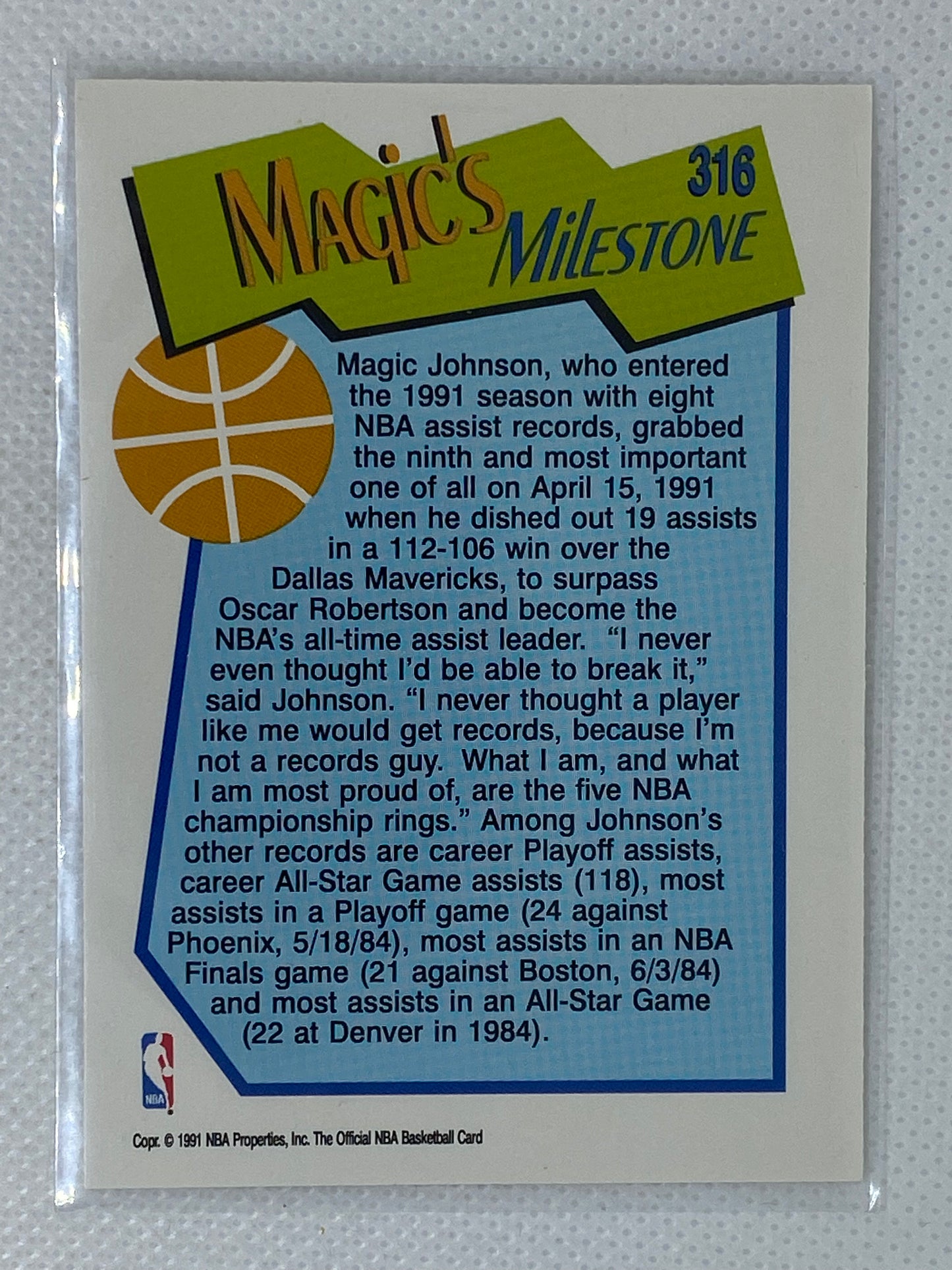 1991-92 NBA Hoops Magic Johnson Milestones Assists #316 Los Angeles Lakers