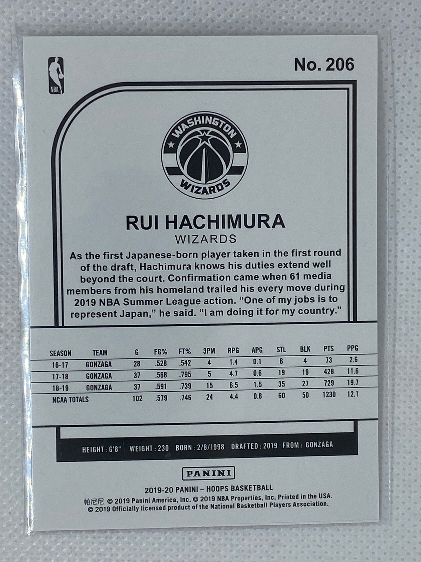 2019-20 Panini NBA Hoops Rui Hachimura Rookie RC #206, Washington Wizards