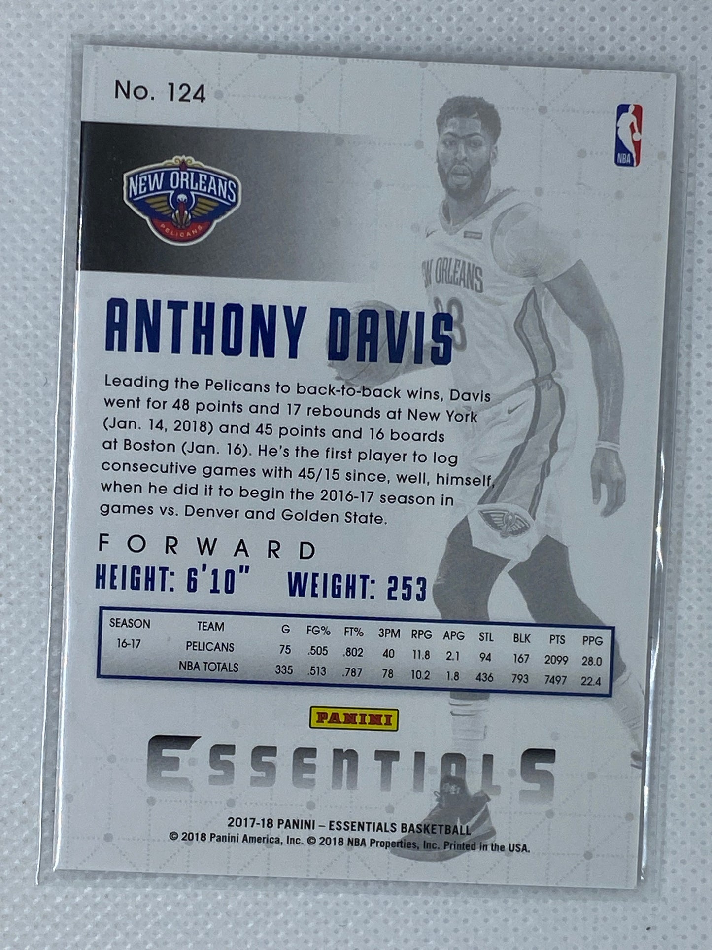 2017-18 Panini Essentials Thick Stock Anthony Davis New Orleans Pelicans No.124