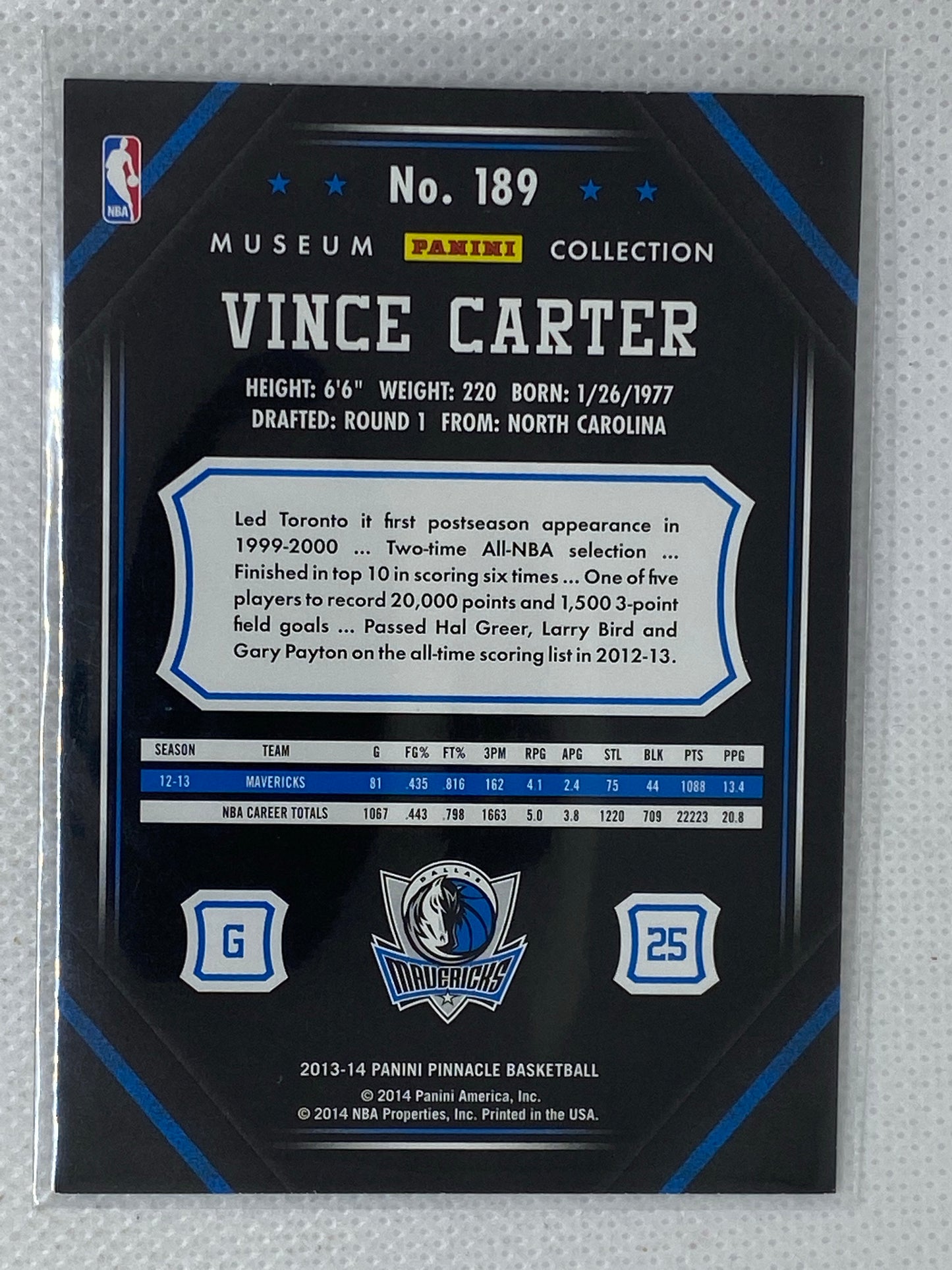 2013-14 Panini Pinnacle Vince Carter Museum Collection Parallel Card. Card #189