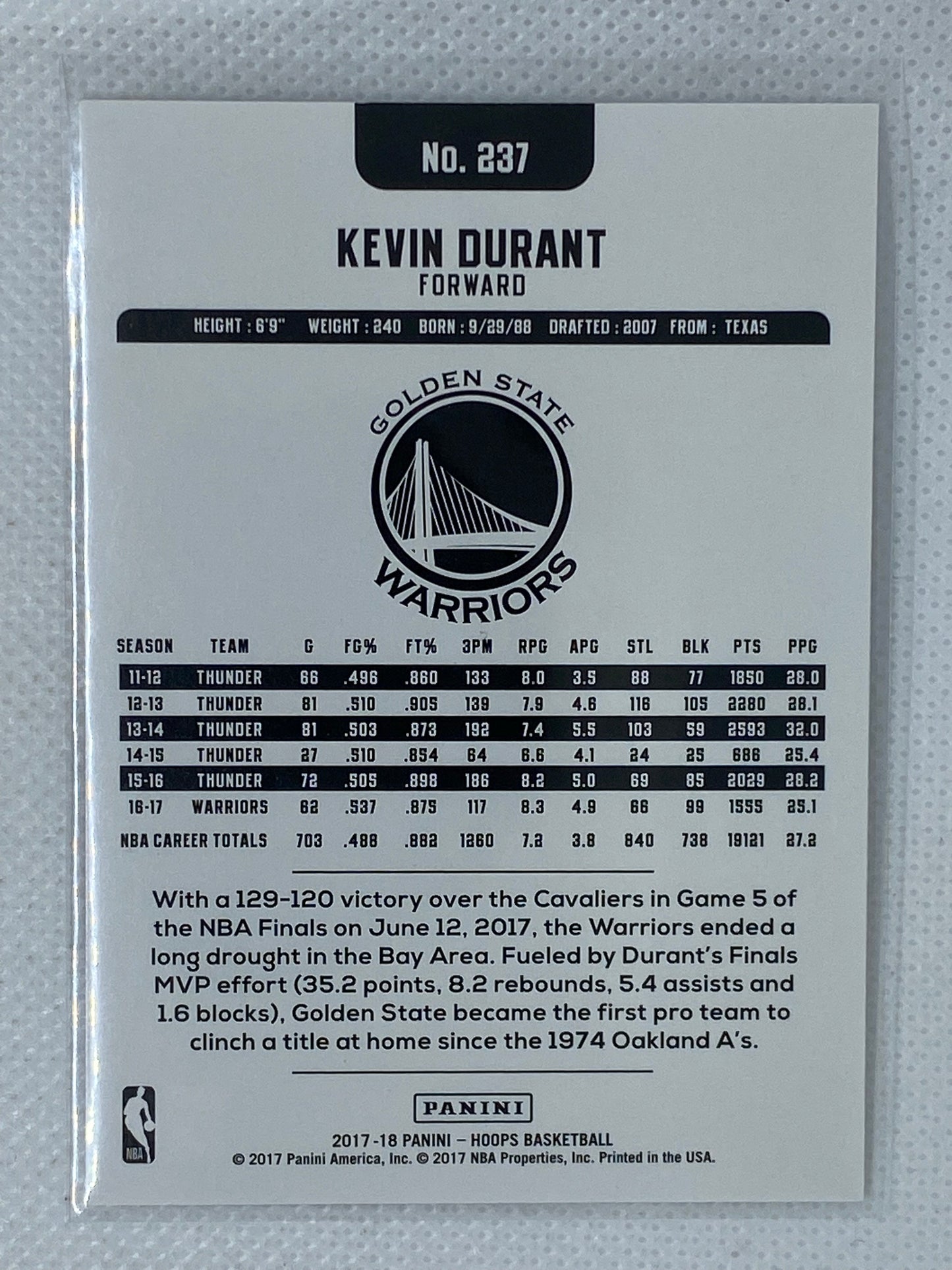 2017-18 Panini Hoops #237 Kevin Durant Golden State Warriors