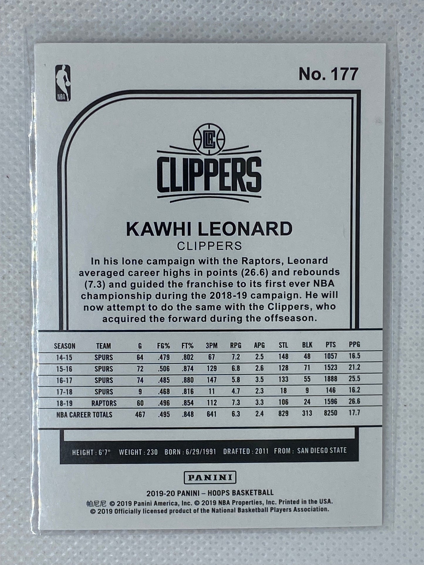 2019-20 Panini NBA Hoops Purple Winter Kawhi Leonard #177 SP