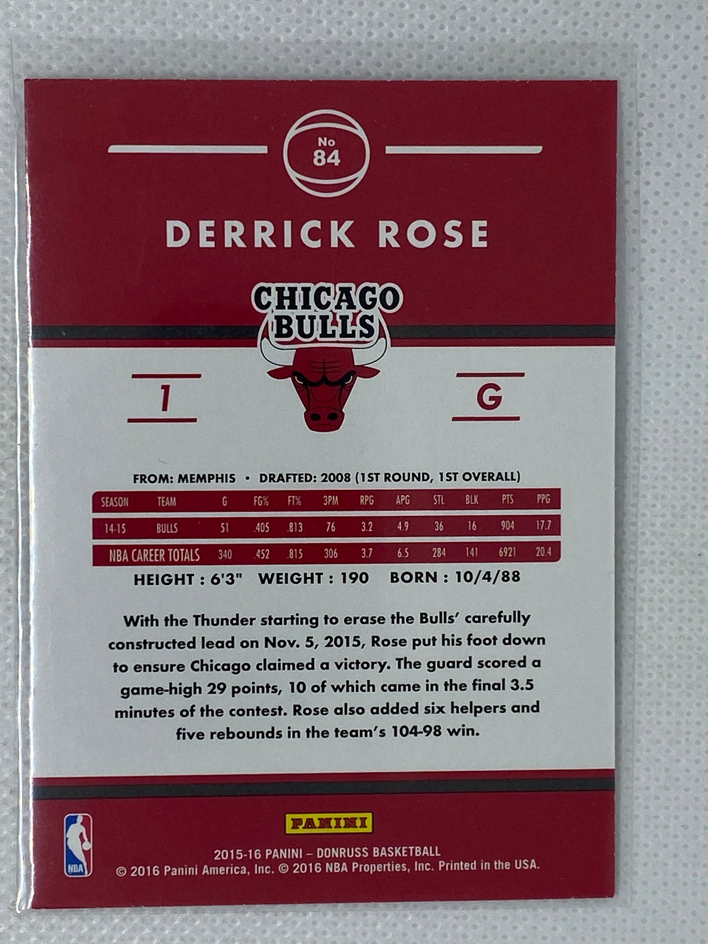 2015-16 Donruss Basketball Derrick Rose #84 Chicago Bulls