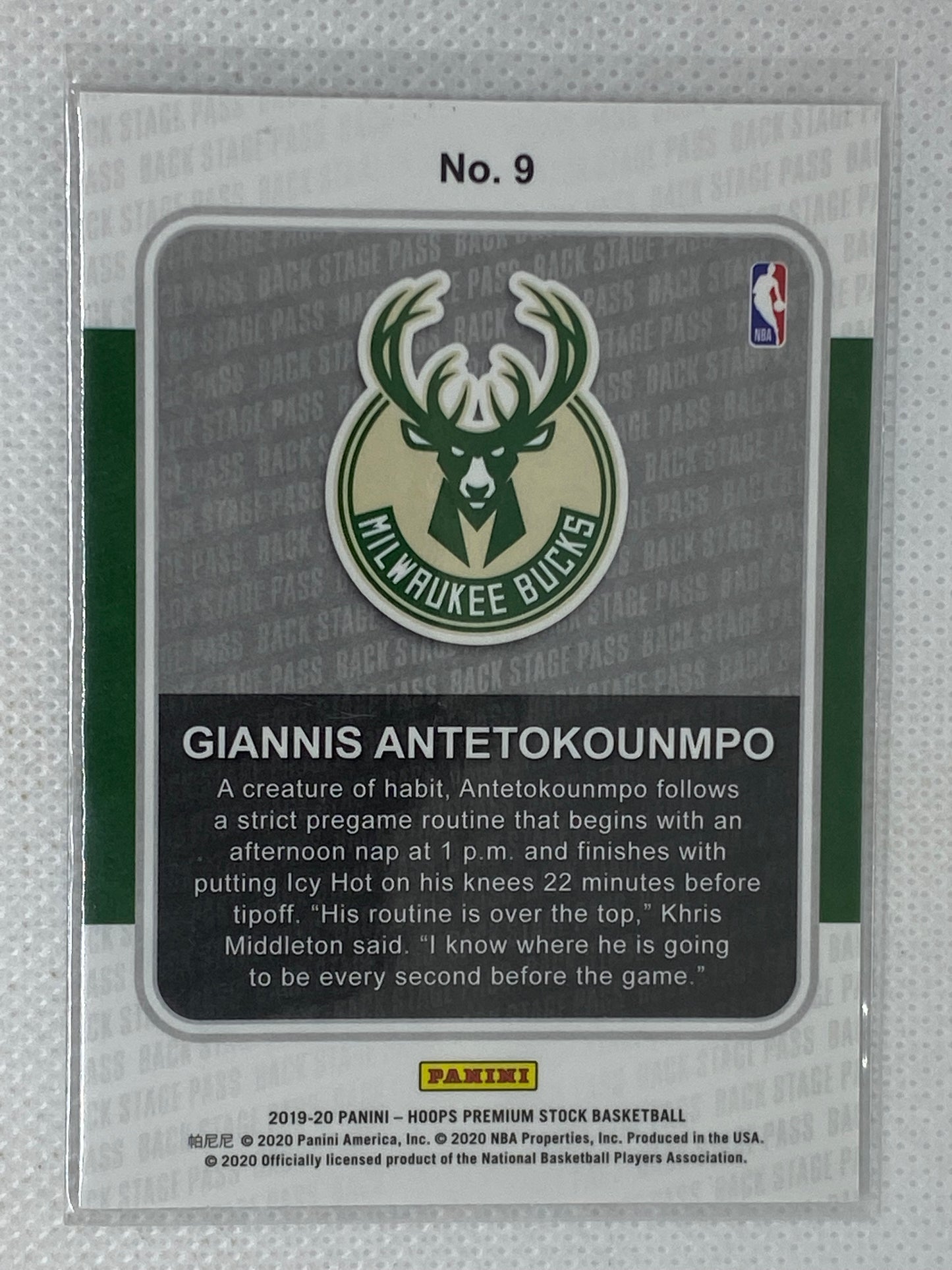 2019-20 Backstage Pass Giannis Antetokounmpo Milwaukee Bucks #9