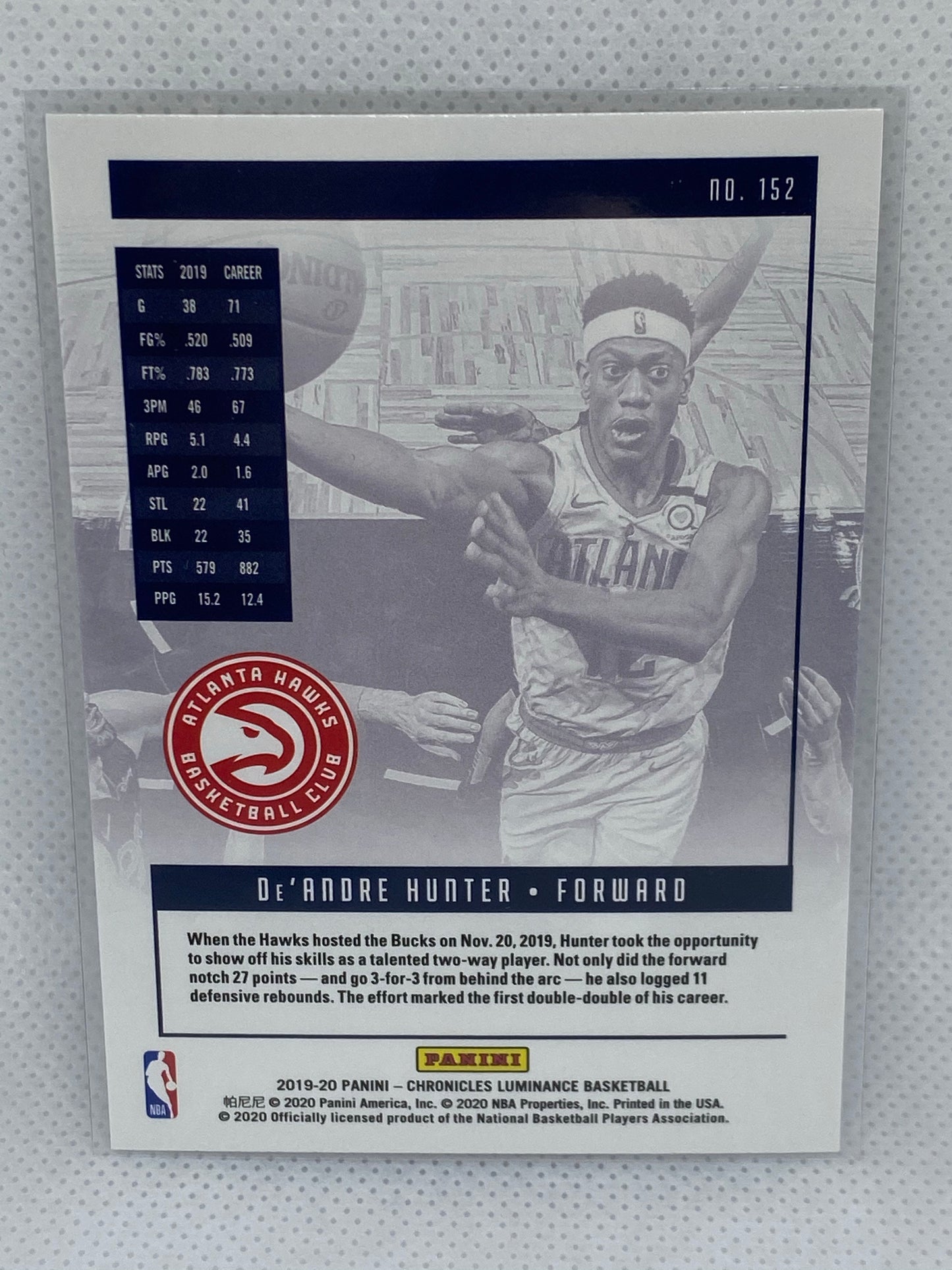 2019-20 Panini Chronicles Luminance De'Andre Hunter # 152 Atlanta Hawks RC