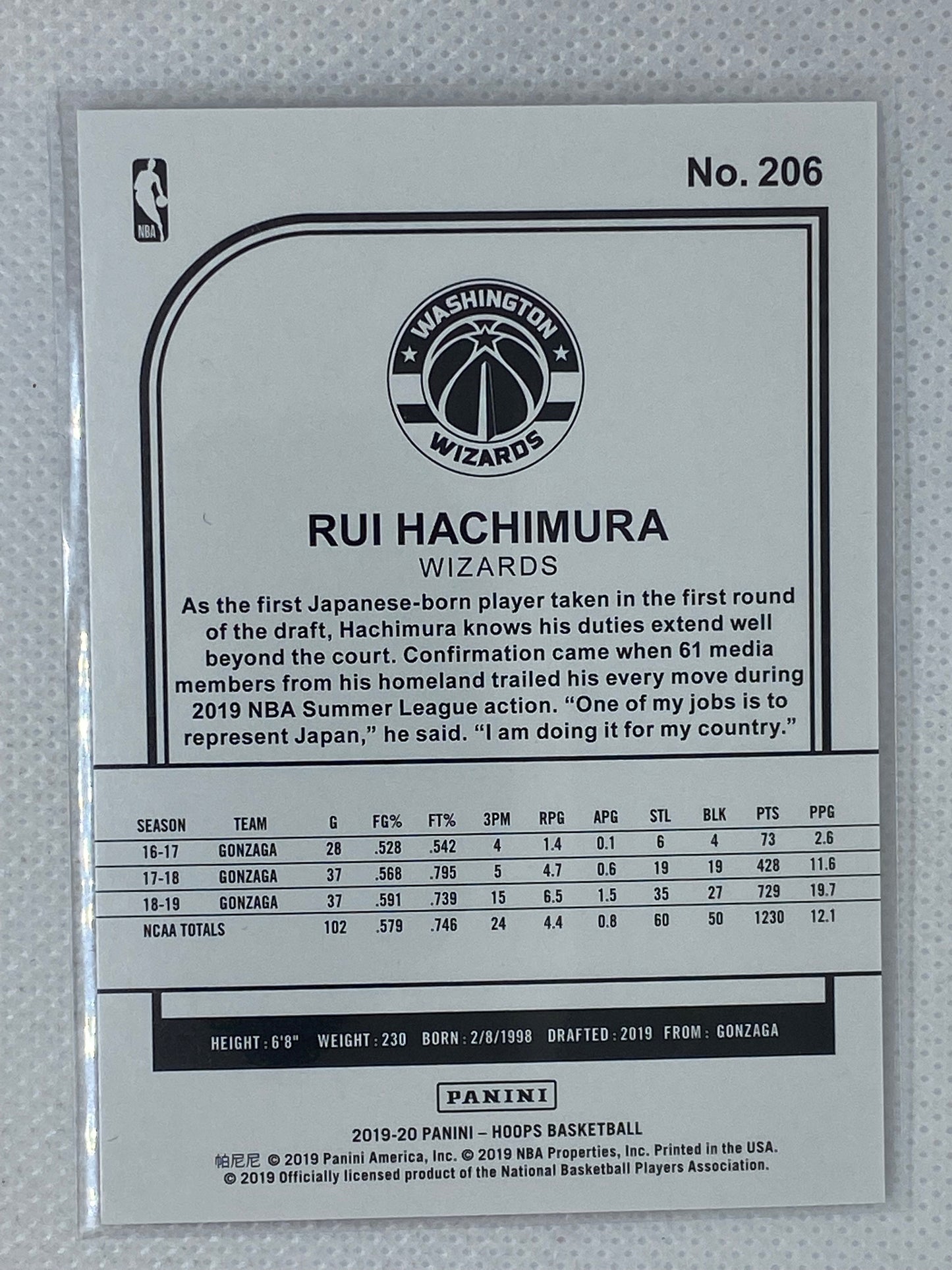 2019-20 Panini NBA Hoops Winter Rui Hachimura Rookie RC #206, Washington Wizards