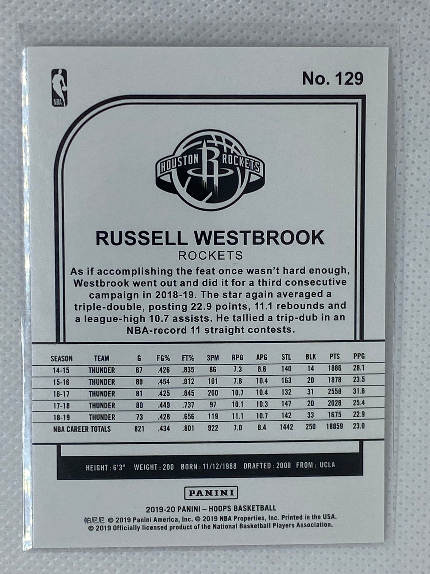 2019-20 Panini NBA Hoops Base #129 Russell Westbrook - Houston Rockets