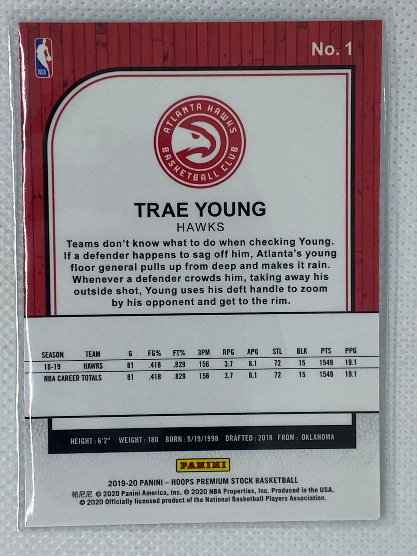 2019-20 NBA Hoops Premium Stock #1 Trae Young Atlanta Hawks