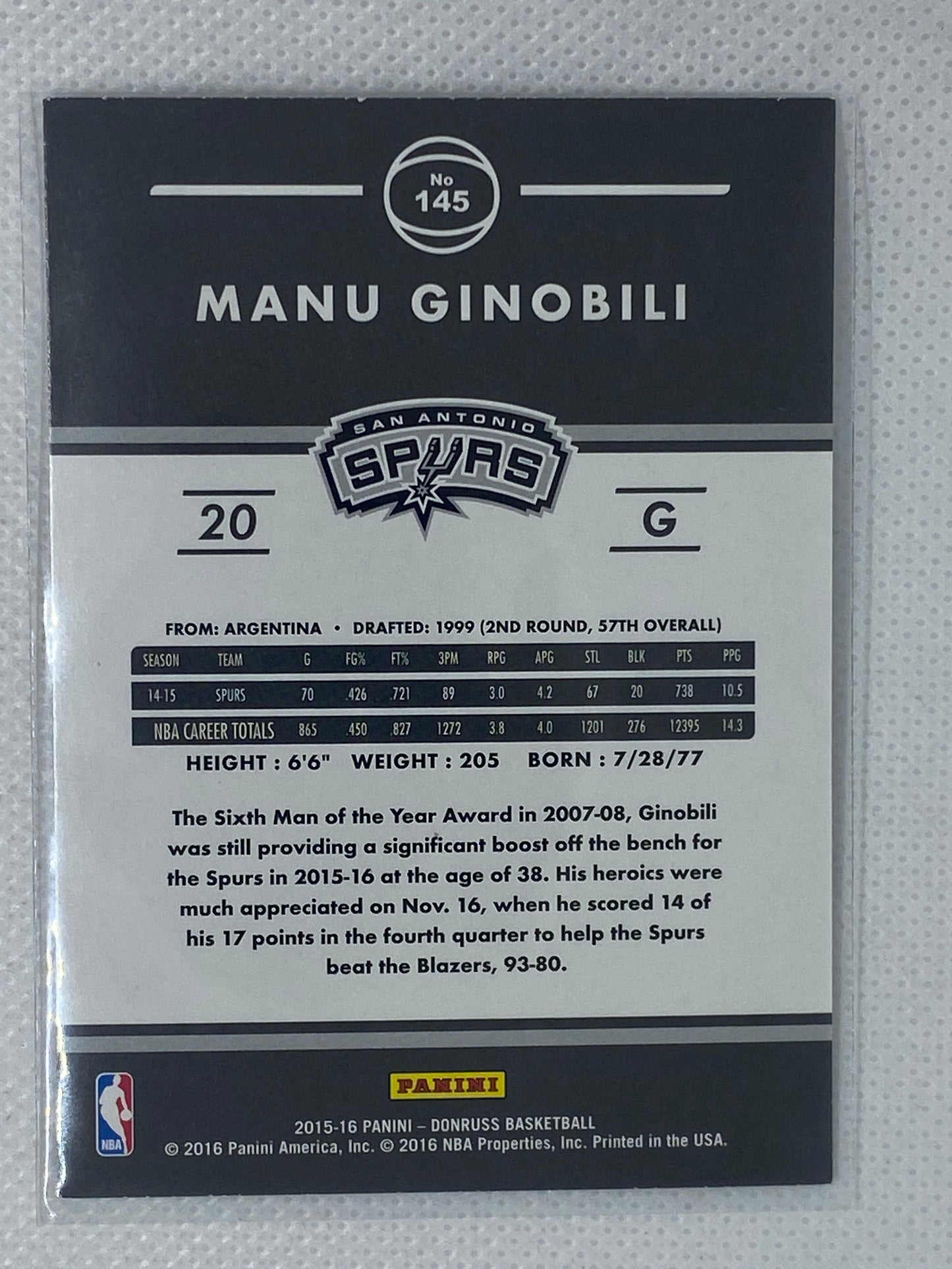 2015-16 Panini Donruss Base #145 Manu Ginobili San Antonio Spurs