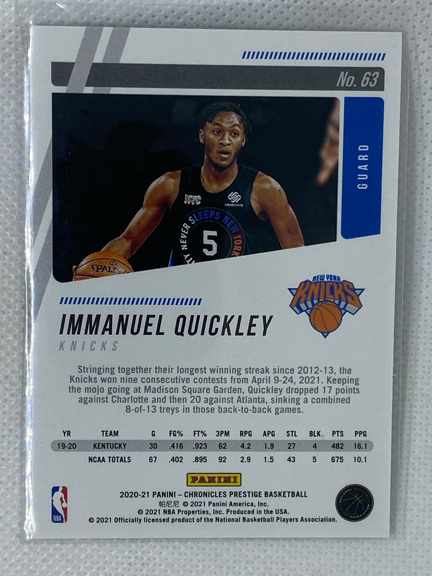 2020-21 Chronicles Immanuel Quickley Prestige RC Rookie #63 New York Knicks