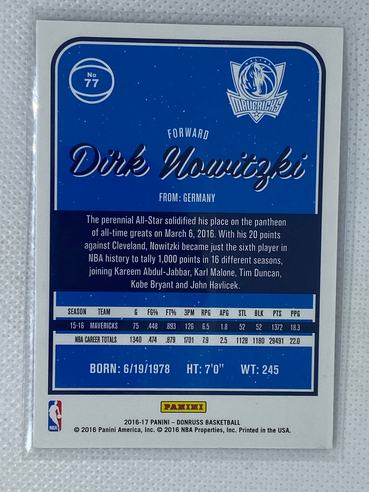 2016-17 Panini Donruss Basketball # 77  Dirk Nowitzki - Dallas Mavericks