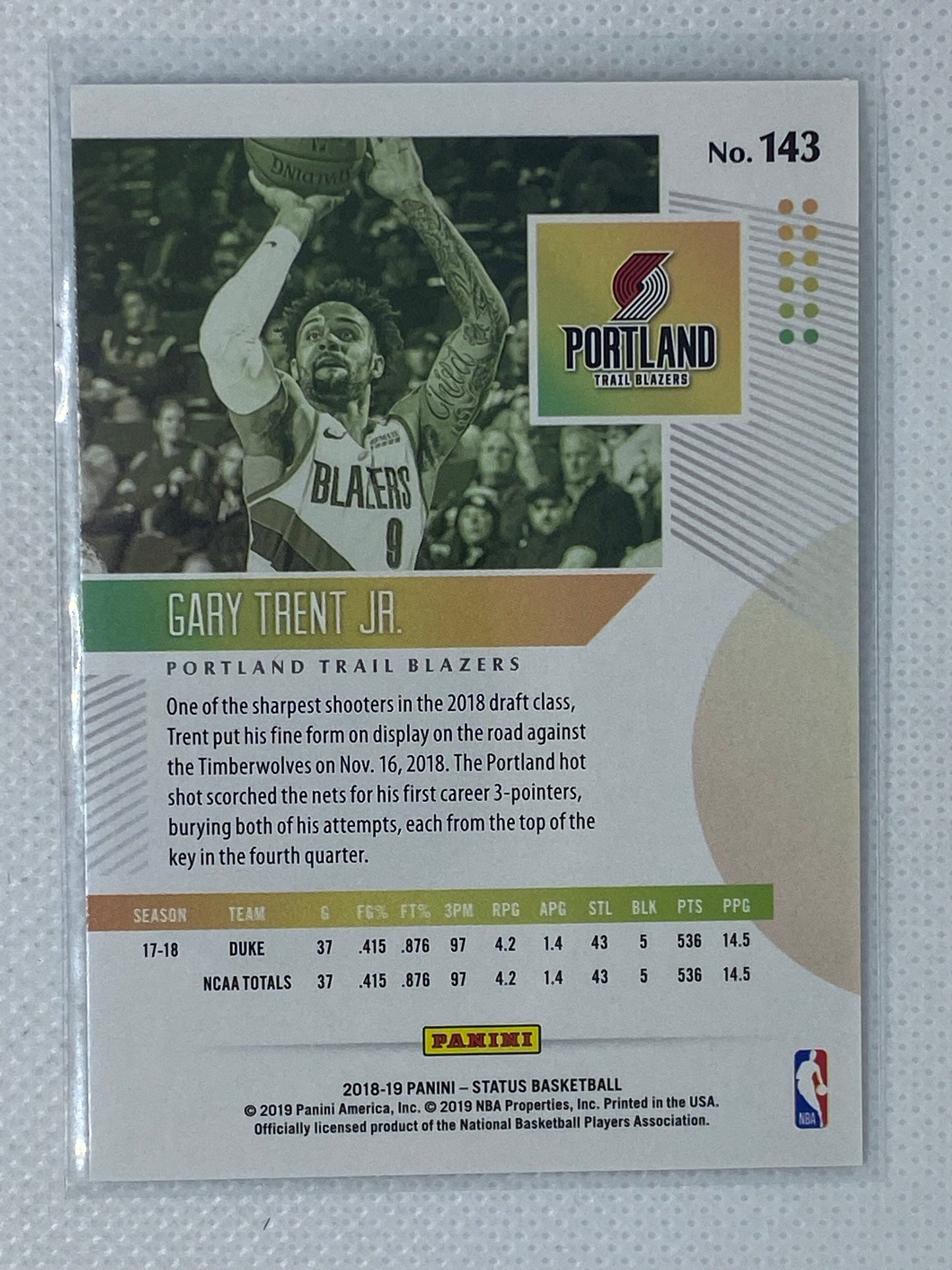 2018-19 Panini Status Green Gary Trent Jr Rookie RC #143 Portland Trail Blazers