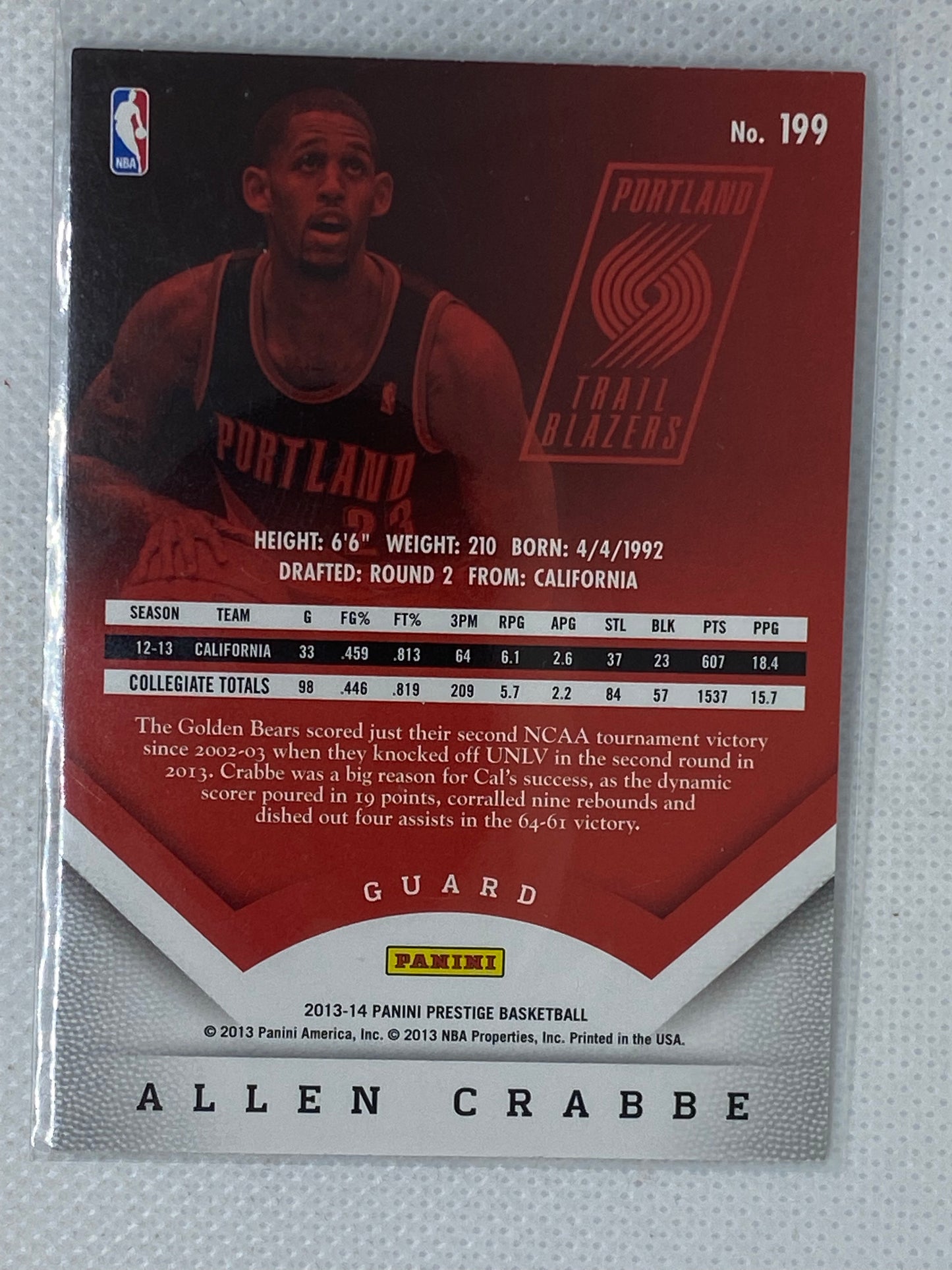 2013-14 Panini Prestige Allen Crabbe Portland Trail Blazers #199 Rookie RC Card