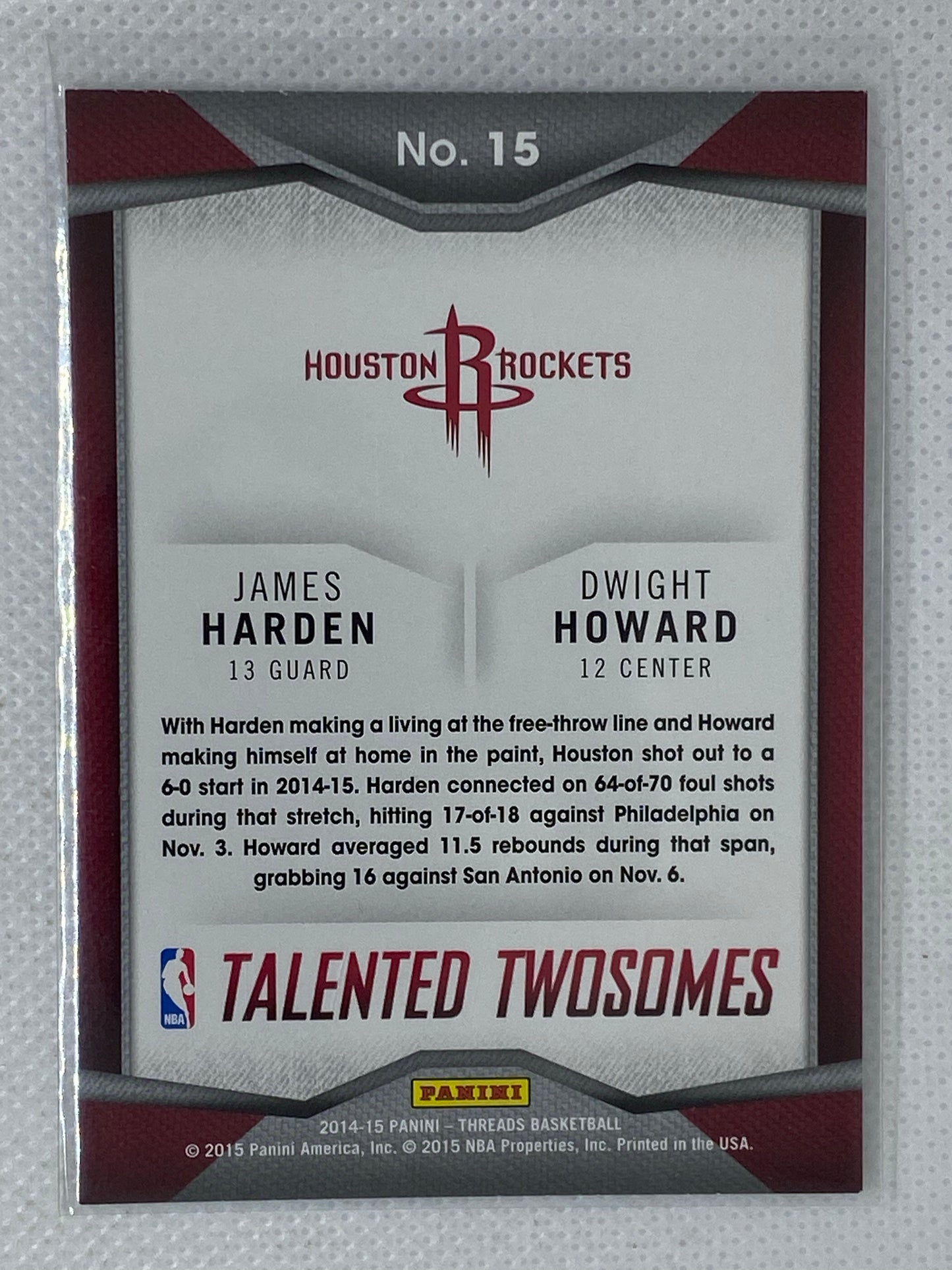 2014-15 Panini Threads Talented Twosomes James Harden/ Dwight Howard #15 Rockets