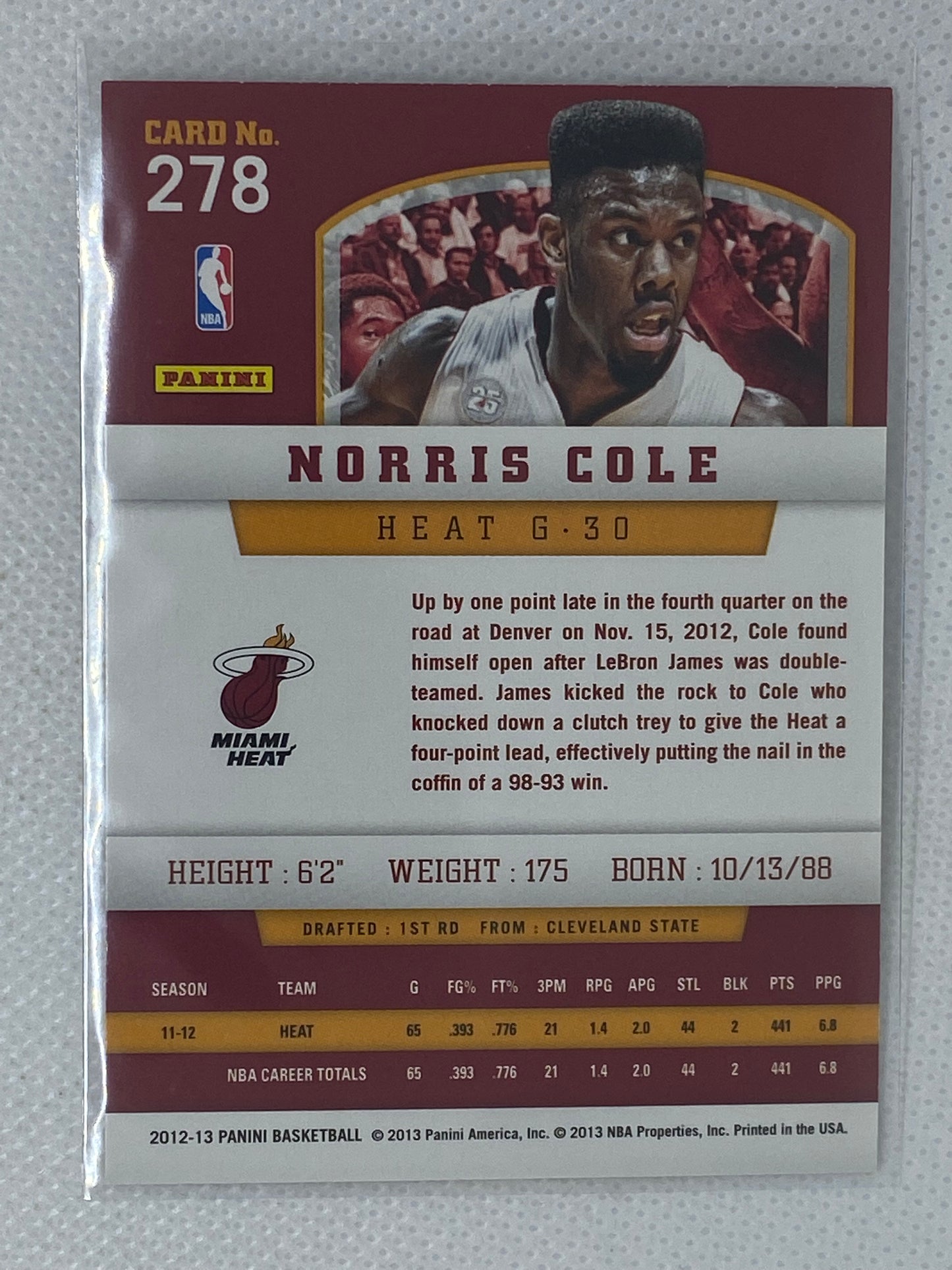 2012-13 Panini Miami Heat Basketball Card #278 Norris Cole Rookie