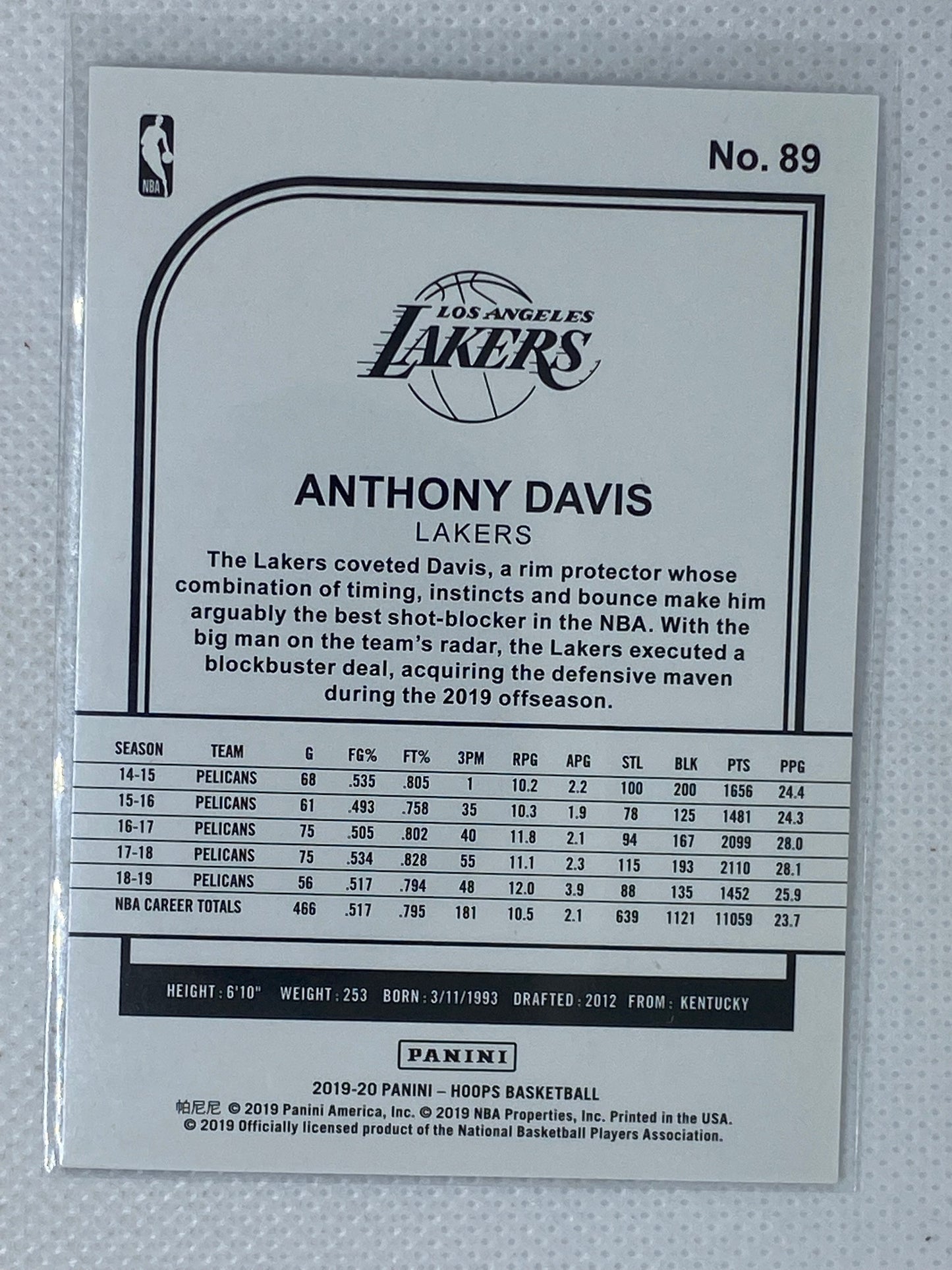 2019-20 NBA Hoops Winter #89 Anthony Davis Los Angeles Lakers