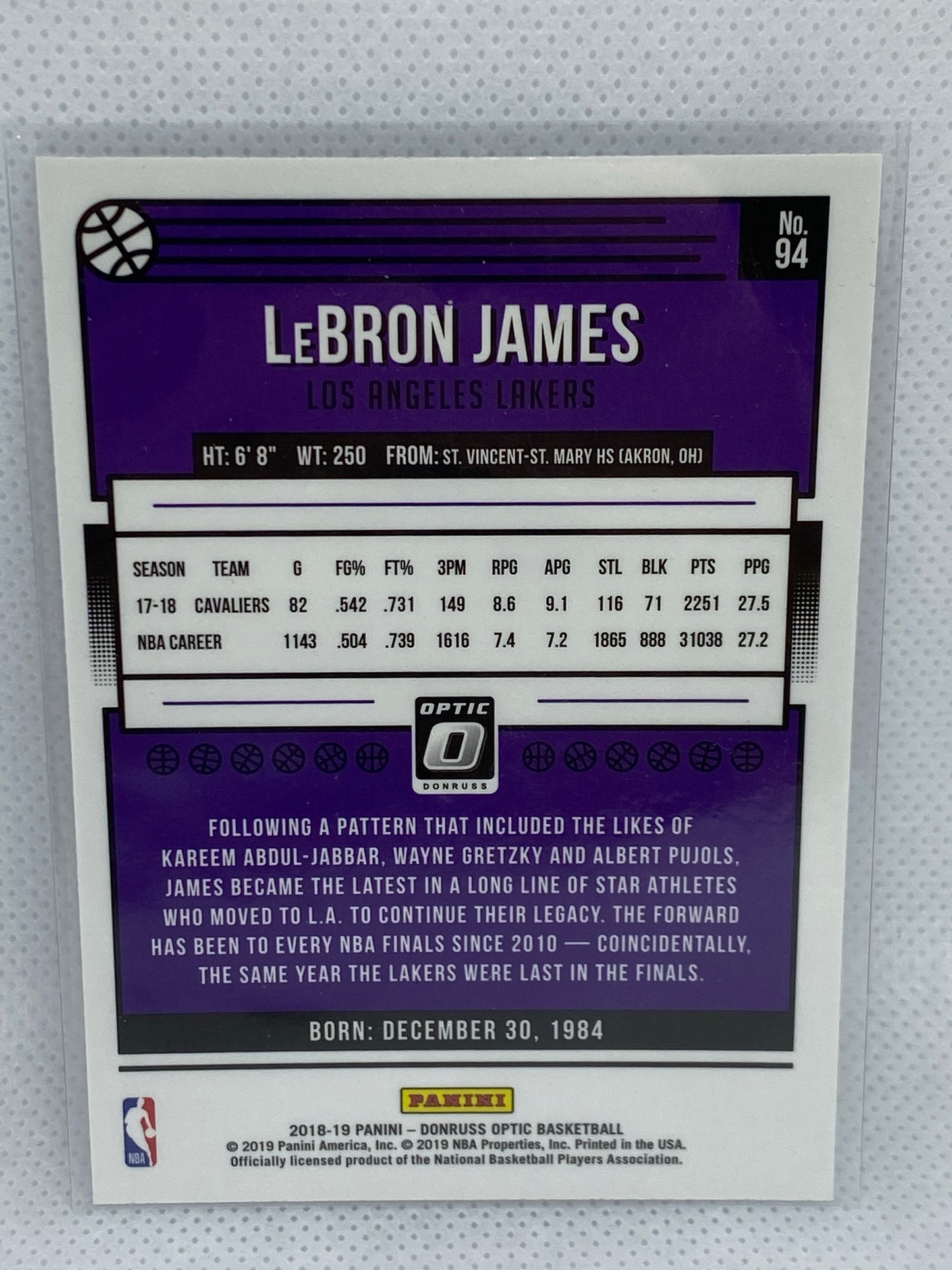 2018-19 Donruss Optic LeBron James Card #94 Lakers