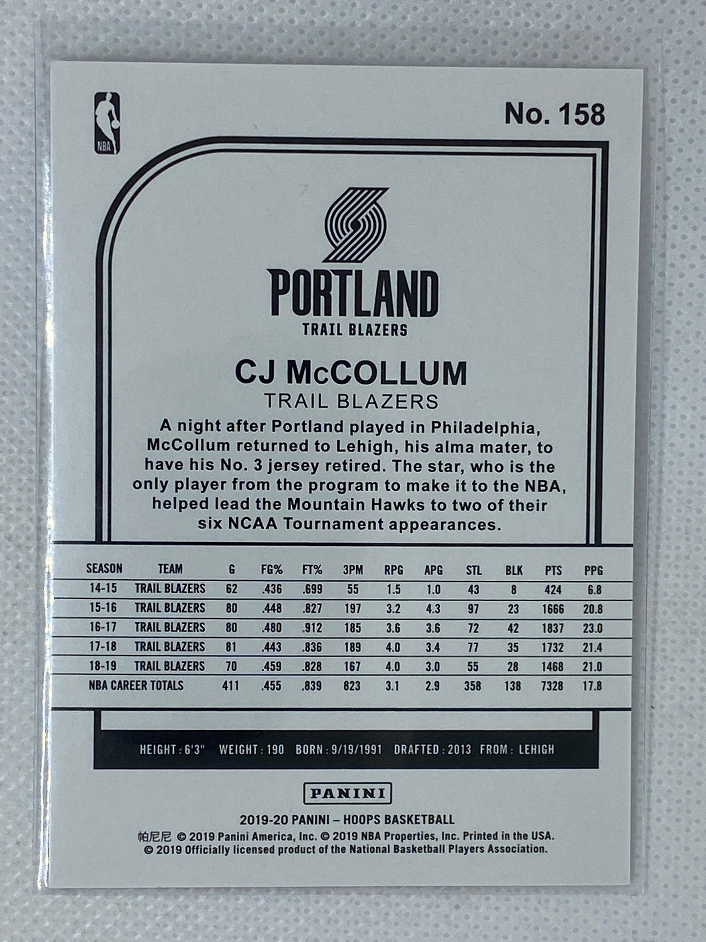 2019-20 Panini Hoops Winter #158 CJ McCollum Portland Trailblazers