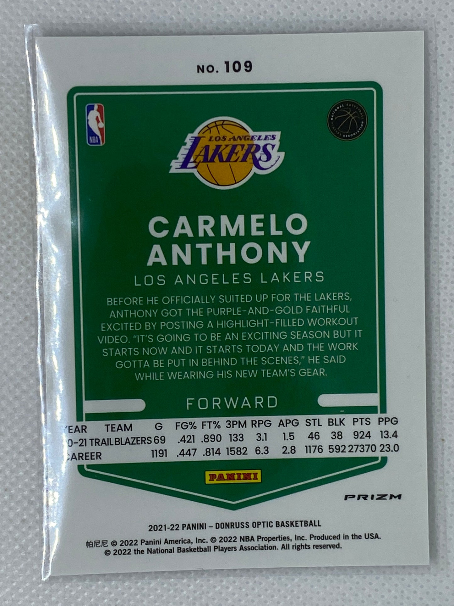 2021-22 Panini Optic Silver Holo Carmelo Anthony LA Lakers #109